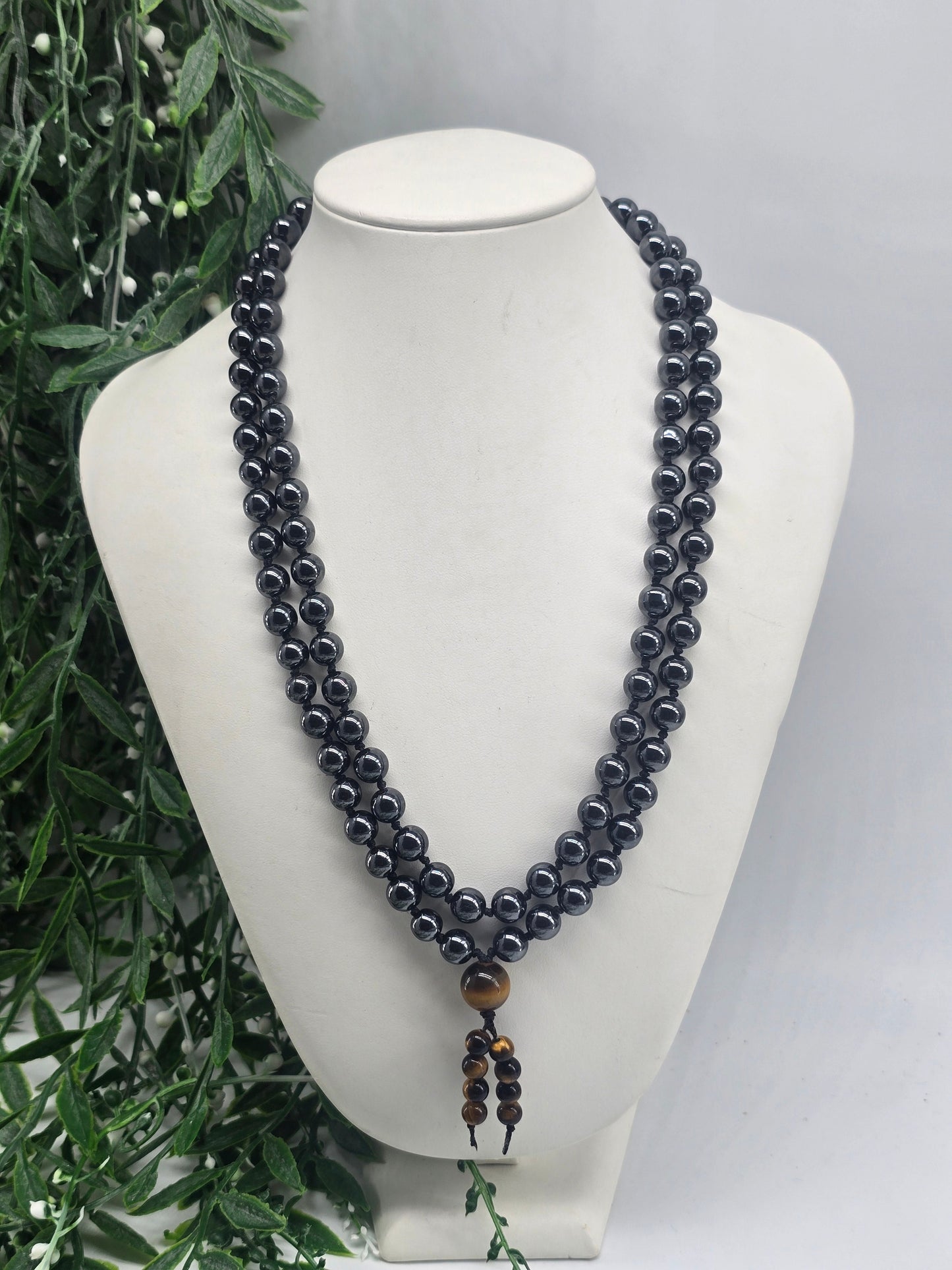 Hematite Mala Beads 108 Necklace 8mm with Tiger’s Eye Guru Bead – Grounding, Protection & Confidence Crystal Wellness