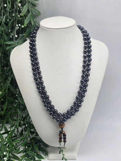Hematite Mala Beads 108 Necklace 8mm with Tiger’s Eye Guru Bead – Grounding, Protection & Confidence Crystal Wellness