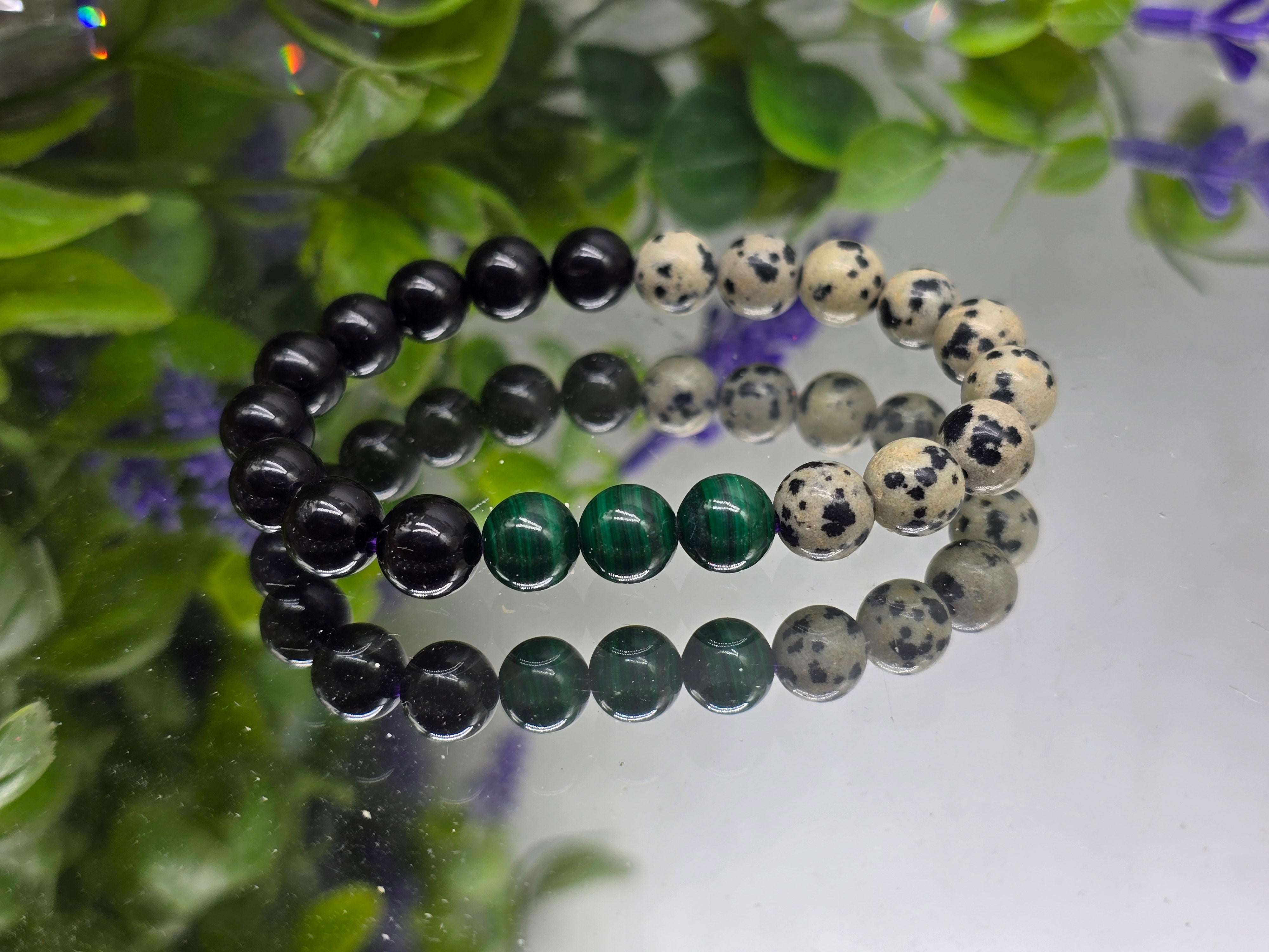 Black Tourmaline, Dalmation Jasper & Malachite Bracelet 8mm (Stone of Protection, Grounded Joy & Transformation) Crystal Wellness