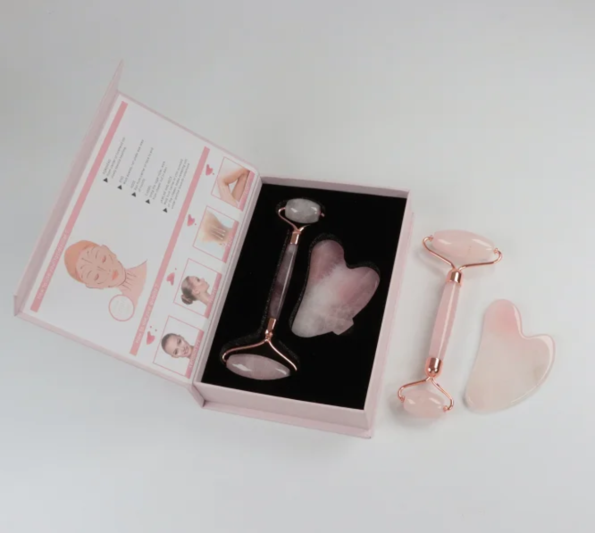 Rose Quartz Facial Roller and Gua Sha Set Crystal Wellness