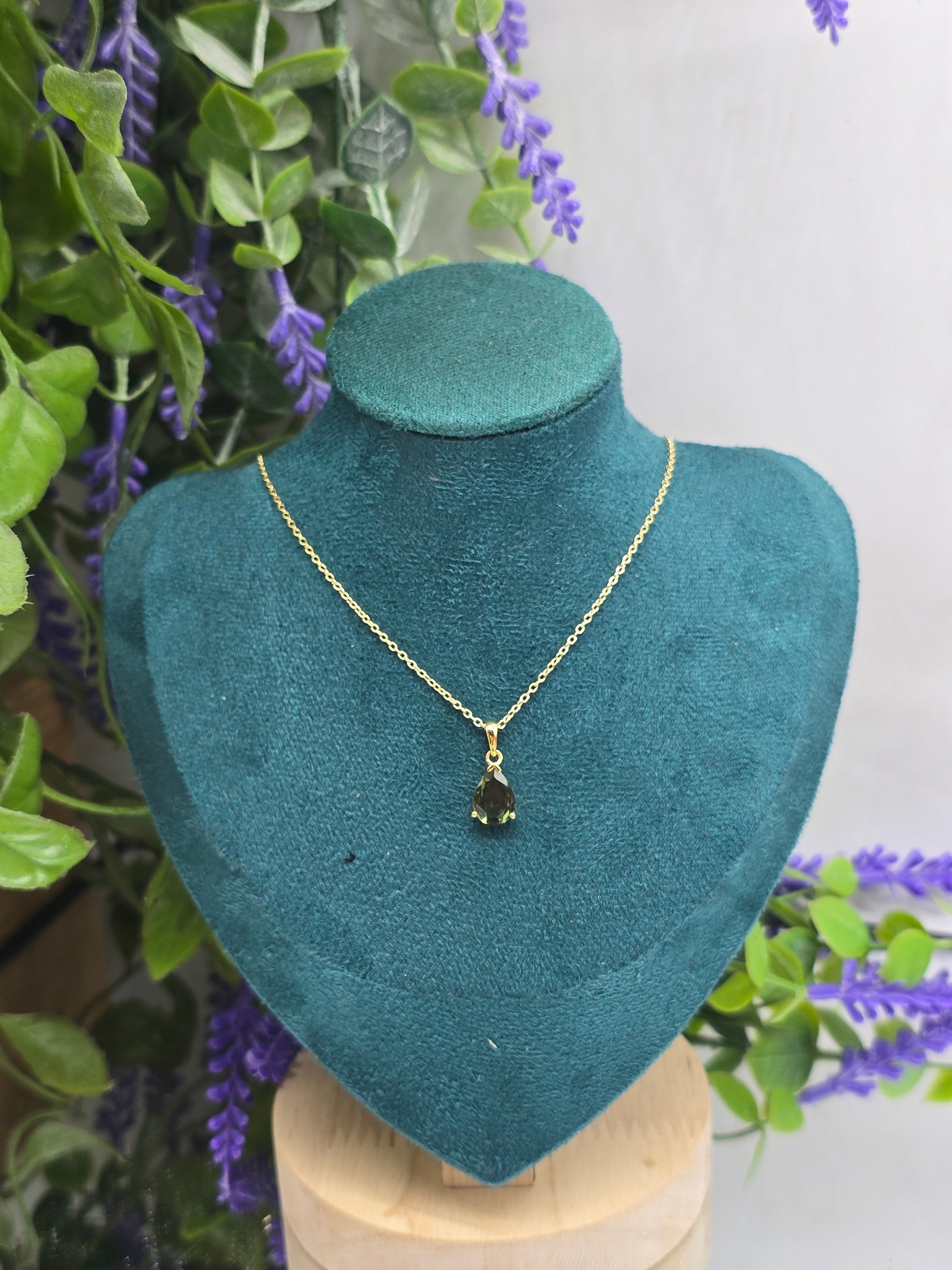 5ct Authentic Polished Moldavite Tear Drop 18ct Gold Vermeil Pendant 9x7mm 18ct Gold Vermeil Chain Included Crystal Wellness