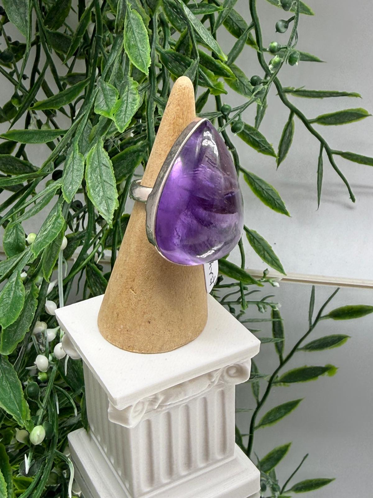 Premium Amethyst Teardrop 925 Sterling Silver Ring Size 5.5 — Protection, Intuition & Inner Peace Crystal Wellness