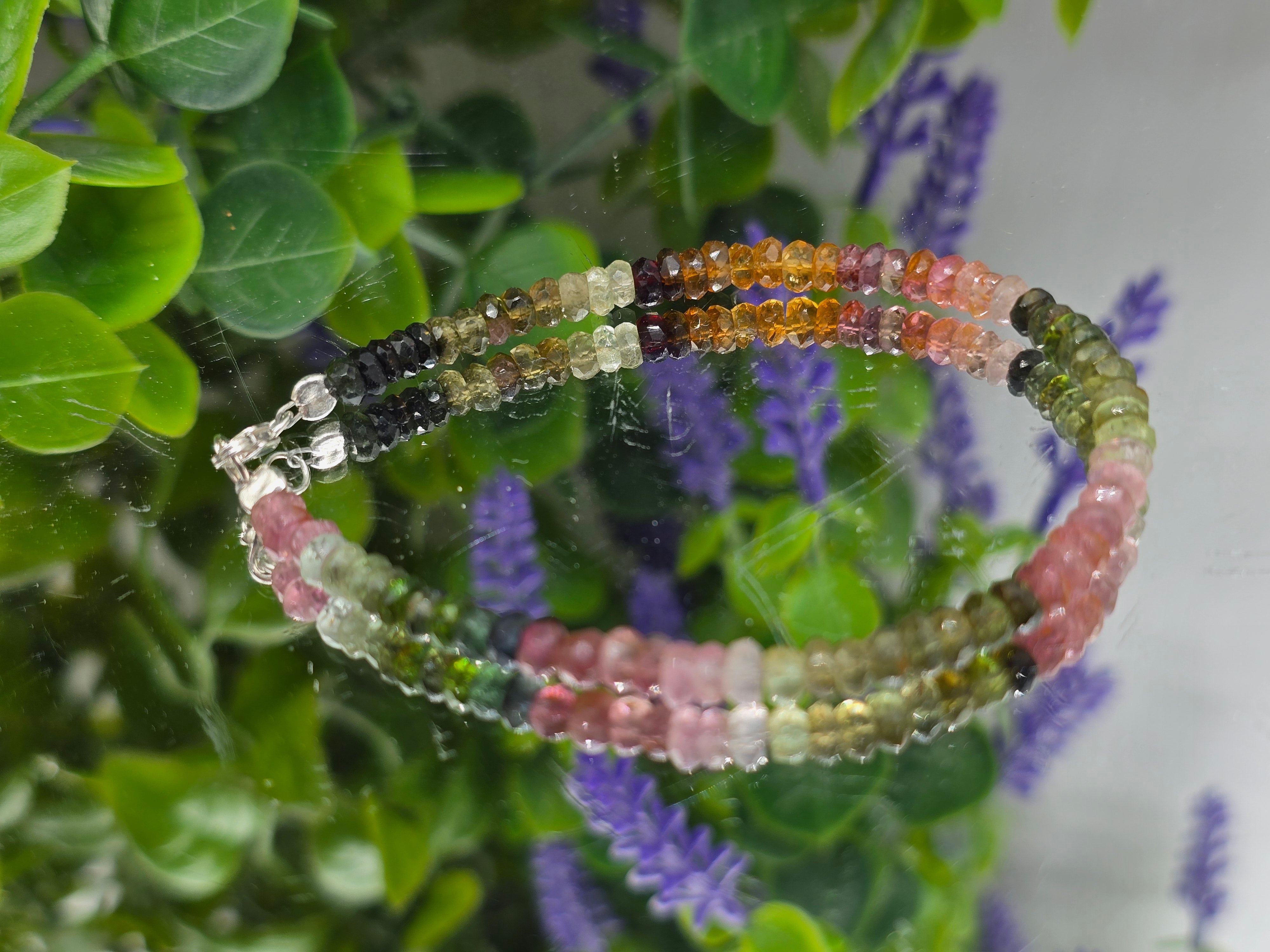 🌈 Watermelon & Multicolour Tourmaline 3mm 925 Sterling Silver Bracelet – Emotional Balance, Protection & Joy Crystal Wellness
