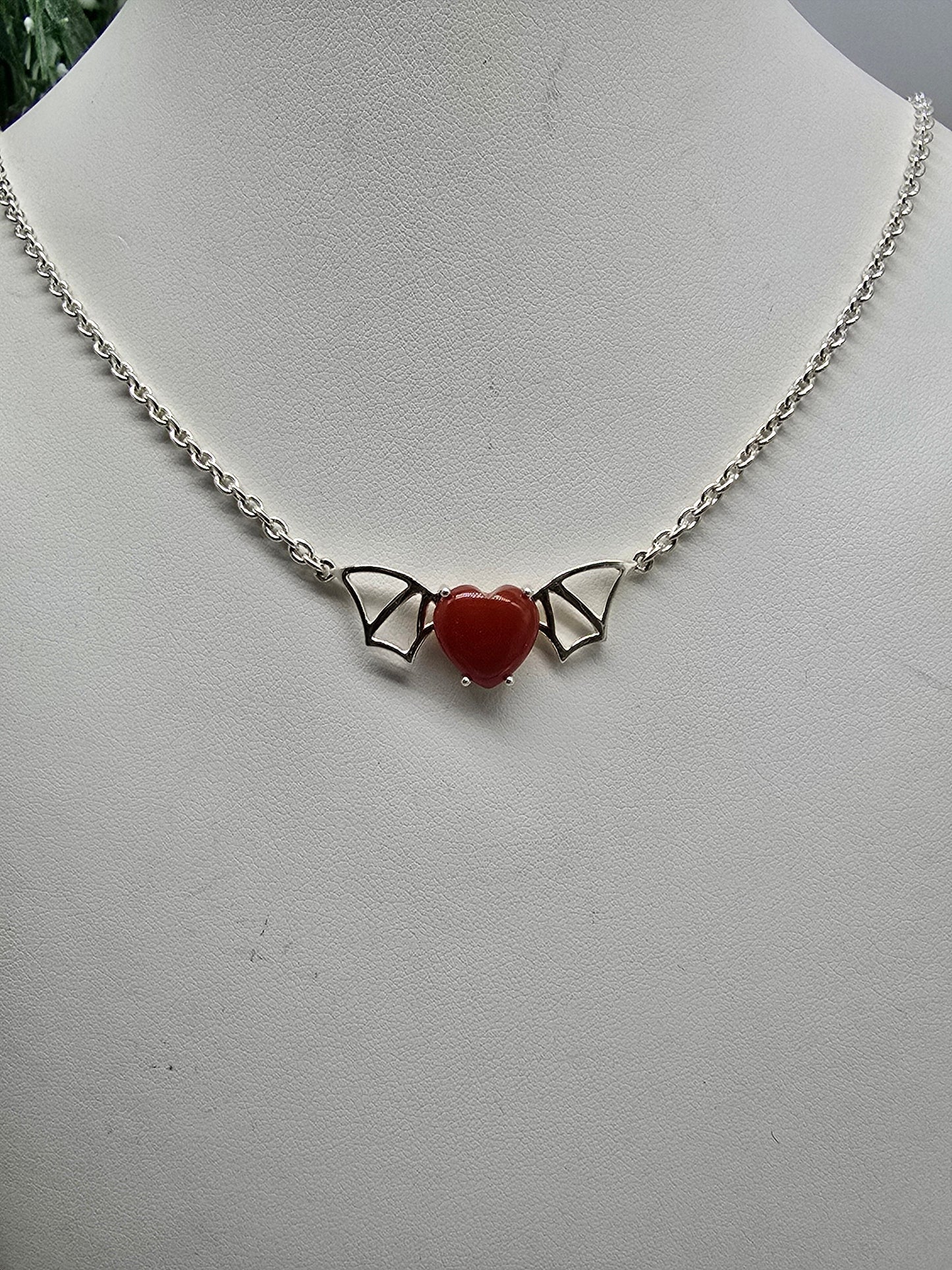 Carnelian Bat Heart Pendant with Chain (Stone of Vitality & Courage) Crystal Wellness