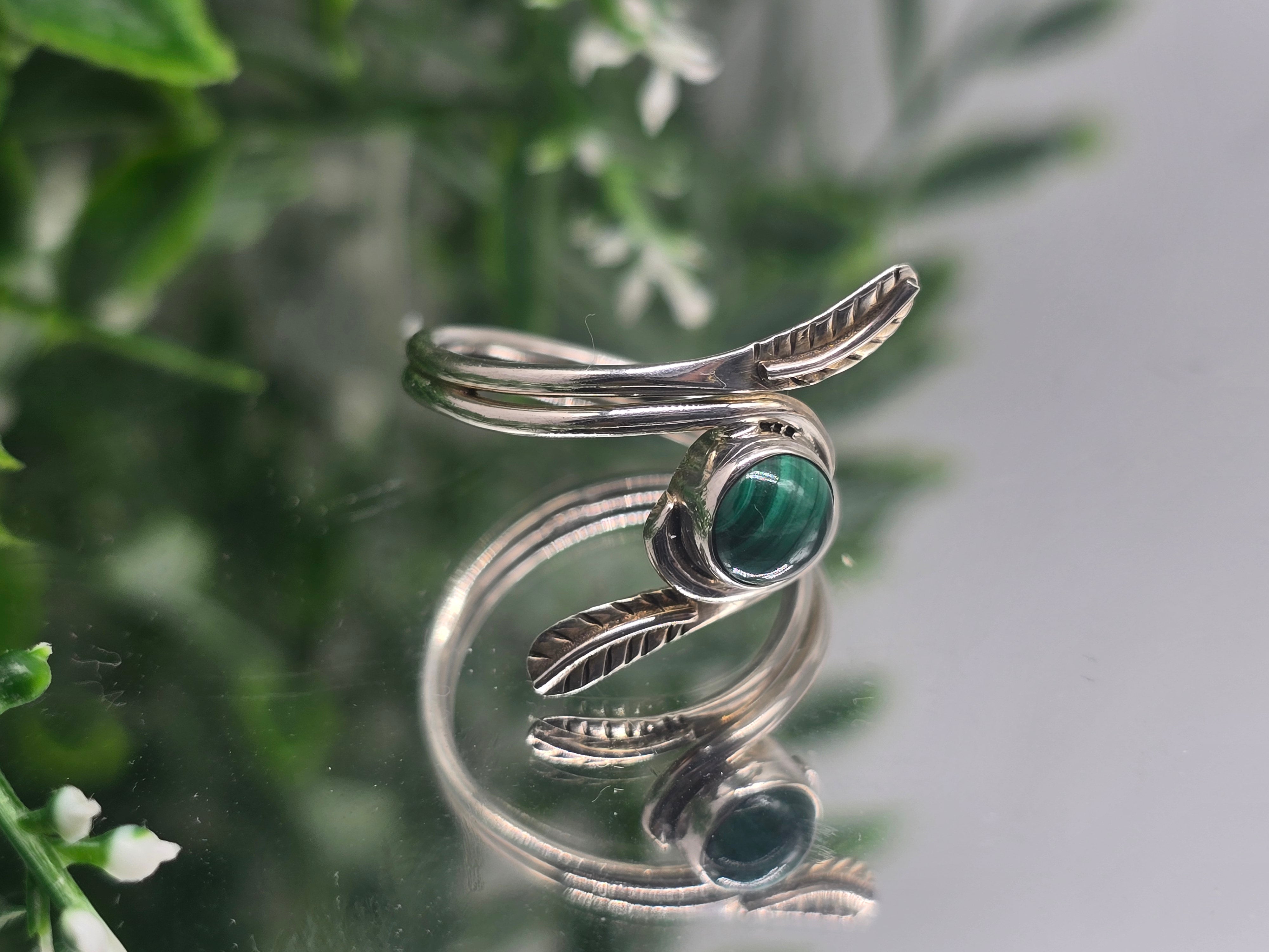 Malachite Leaf Wrap Ring – Sterling Silver, Size 9 | Mirror of the Soul & Heart Healing Energy Crystal Wellness
