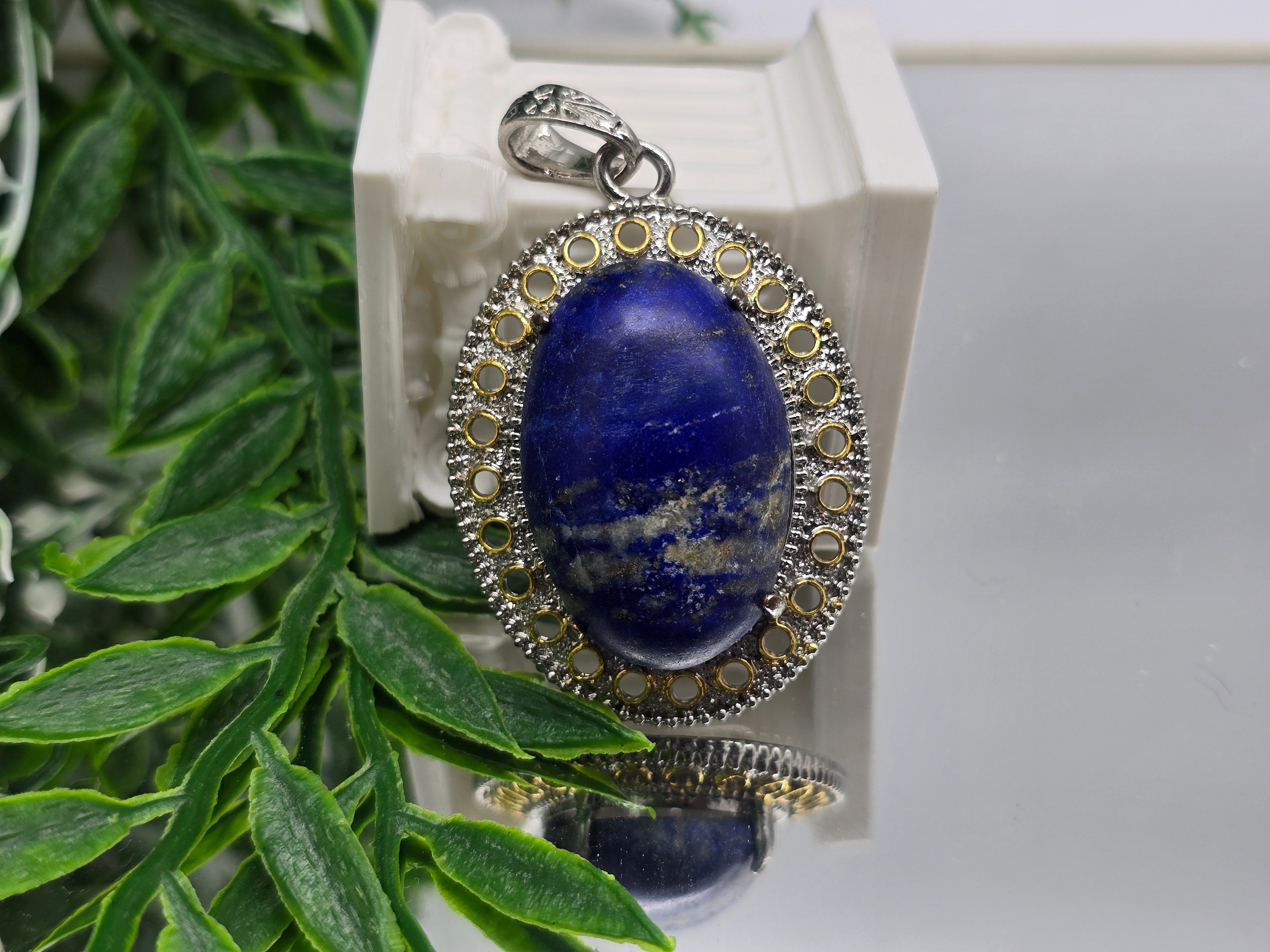 Lapis Lazuli Halo Pendant in Silver Plated 50x40mm (Stone of Wisdom & Truth) Crystal Wellness