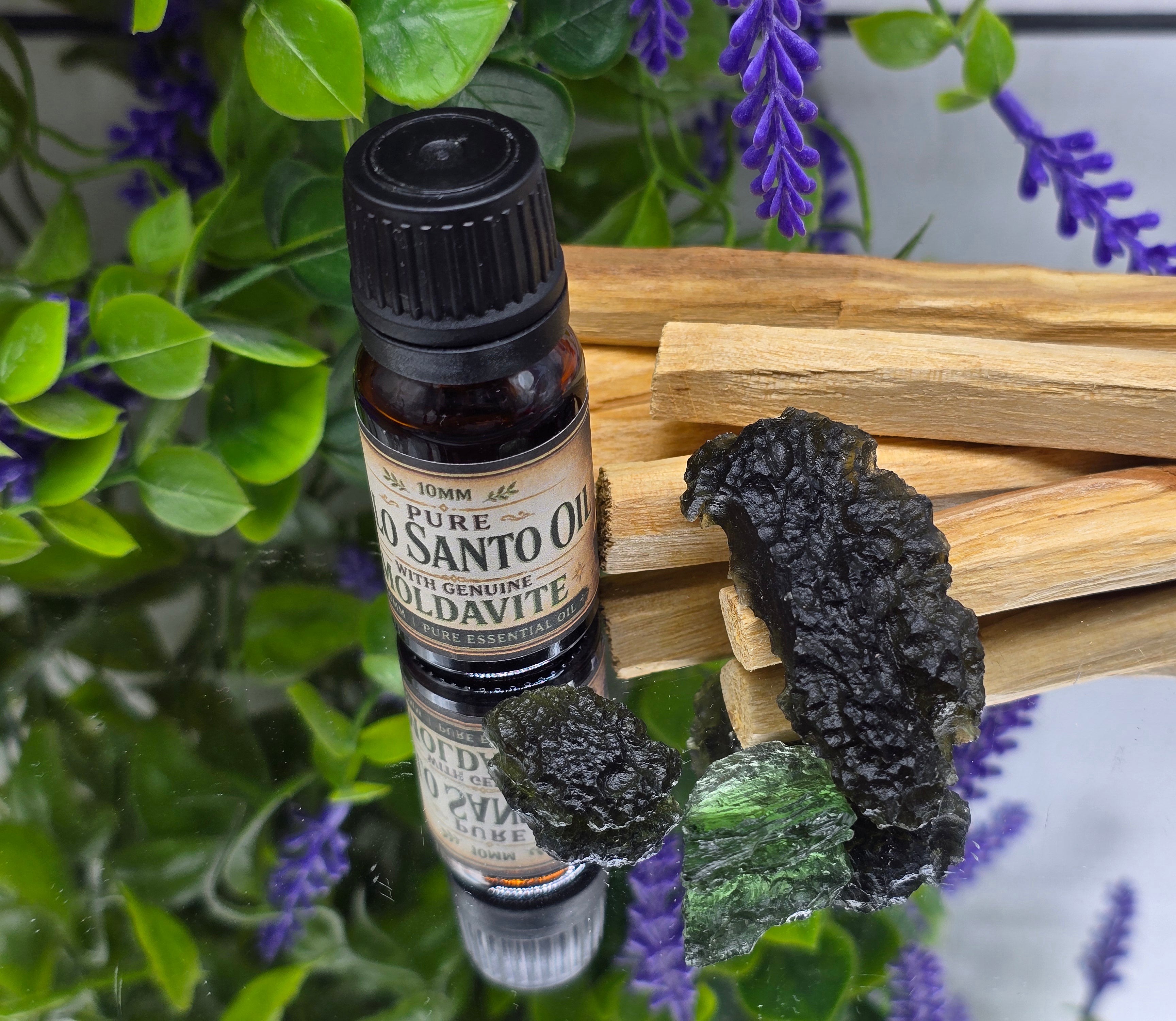 10mm Pure Palo Santo Essential Oil with Genuine Moldavite Infusion – High Vibration Cleansing & Transformation Spiritual Anointing Oil Crystal Wellness