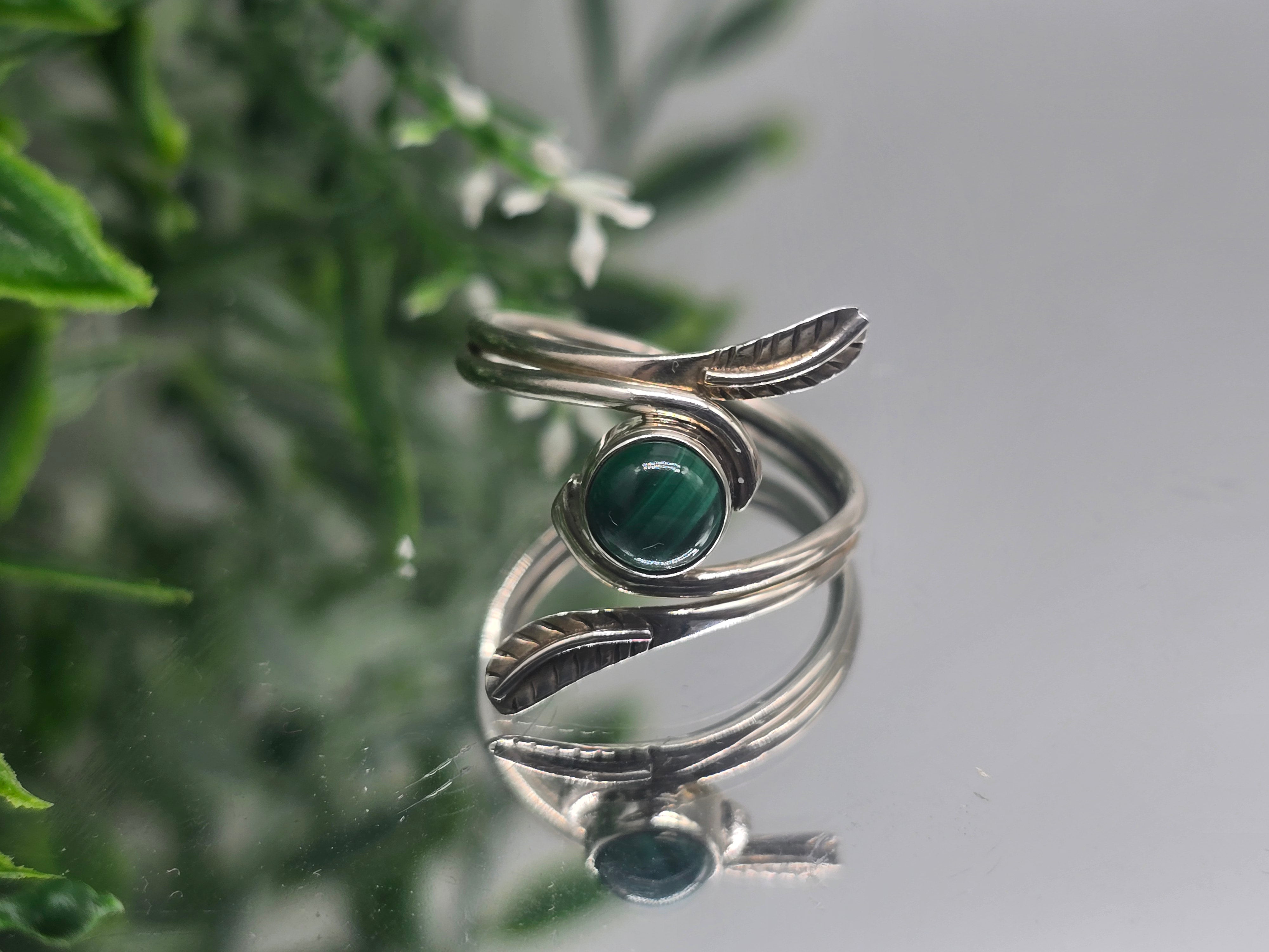Malachite Leaf Wrap Ring – Sterling Silver, Size 9 | Mirror of the Soul & Heart Healing Energy Crystal Wellness