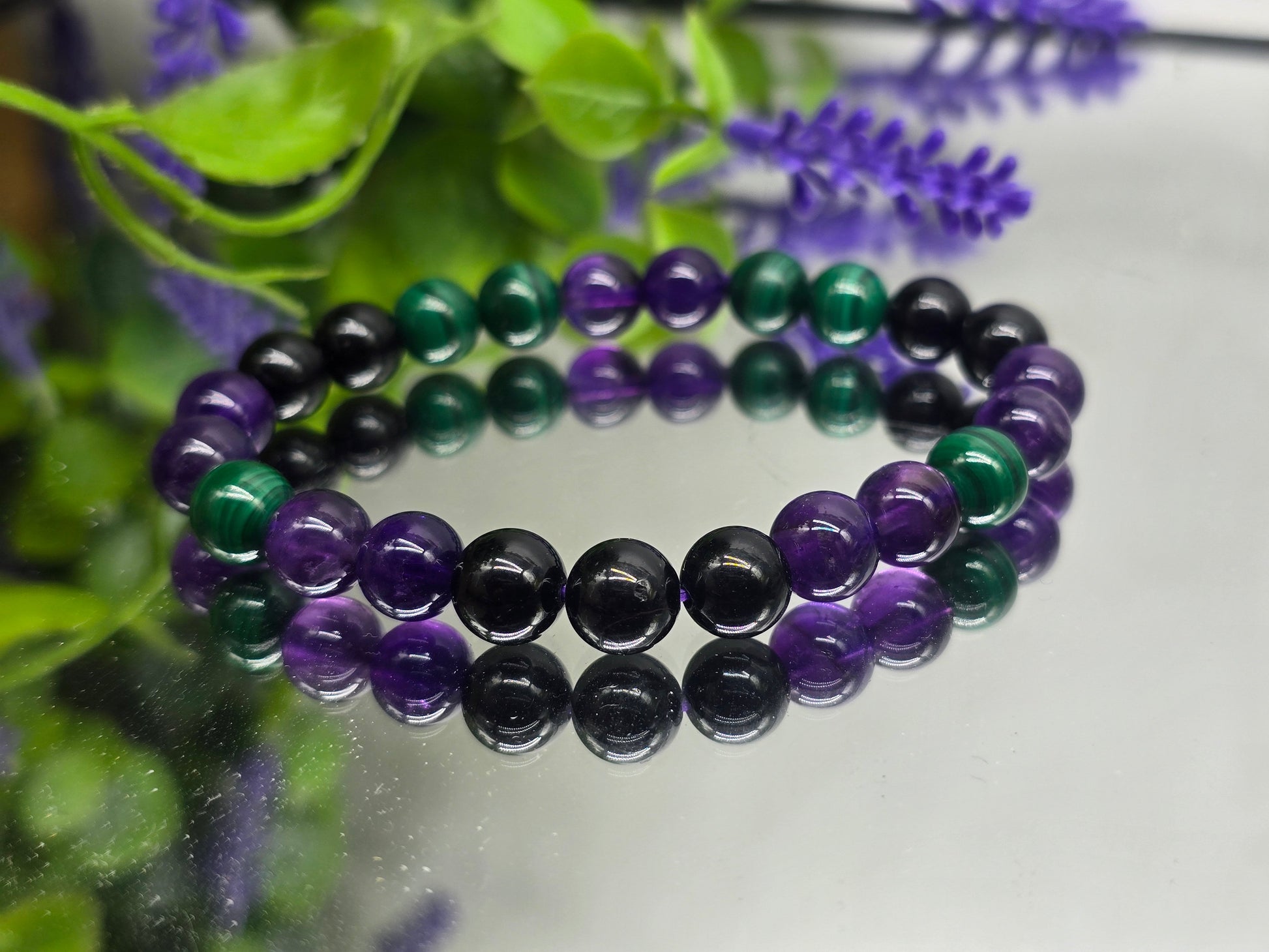 Amethyst, Malachite & Black Tourmaline Bracelet – AAA Grade 8mm (Stone of Protection, Transformation & Spiritual Clarity) Crystal Wellness