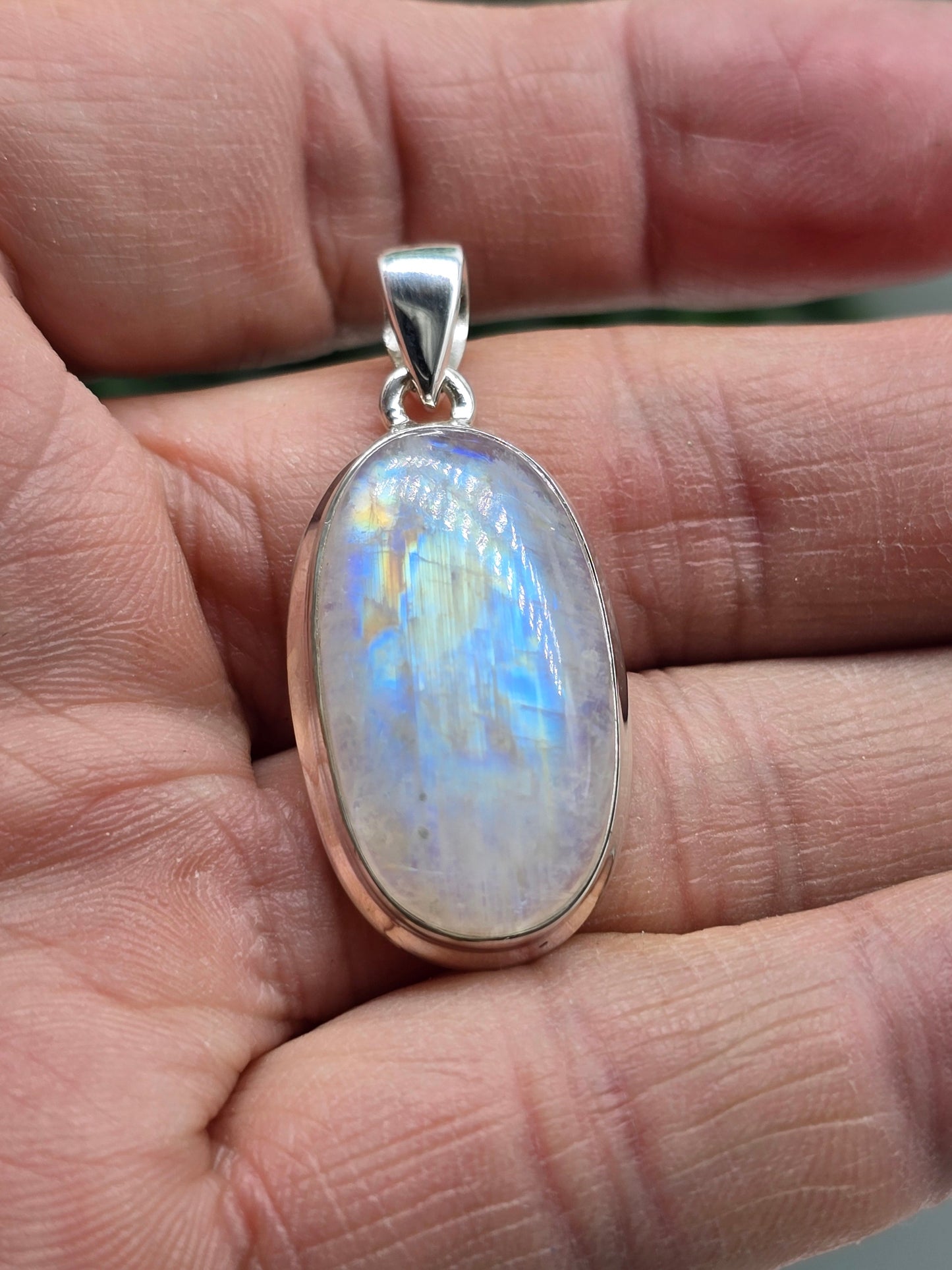 Blue Fire Moonstone 925 Sterling Silver Pendant (3 x 1.5cm) – Stone of New Beginnings & Divine Feminine Energy Crystal Wellness