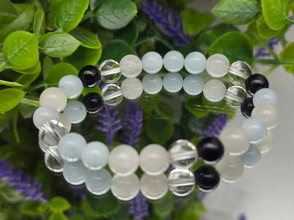 Aquamarine, Black Tourmaline, Clear Quartz & Moonstone Bracelet – 8mm | Calm, Protection, Clarity and yintuitive Energy Crystal Wellness