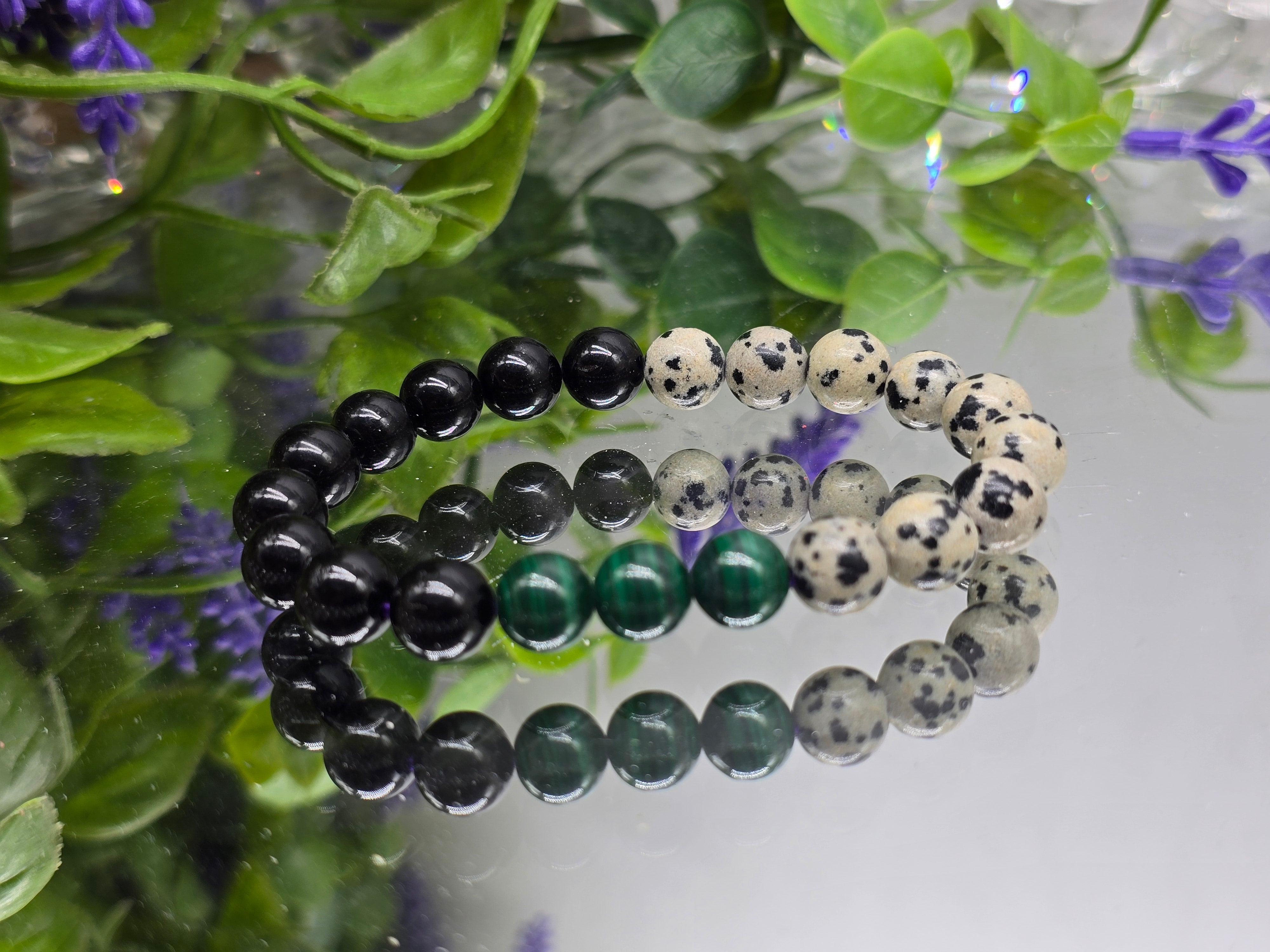 Black Tourmaline, Dalmation Jasper & Malachite Bracelet 8mm (Stone of Protection, Grounded Joy & Transformation) Crystal Wellness