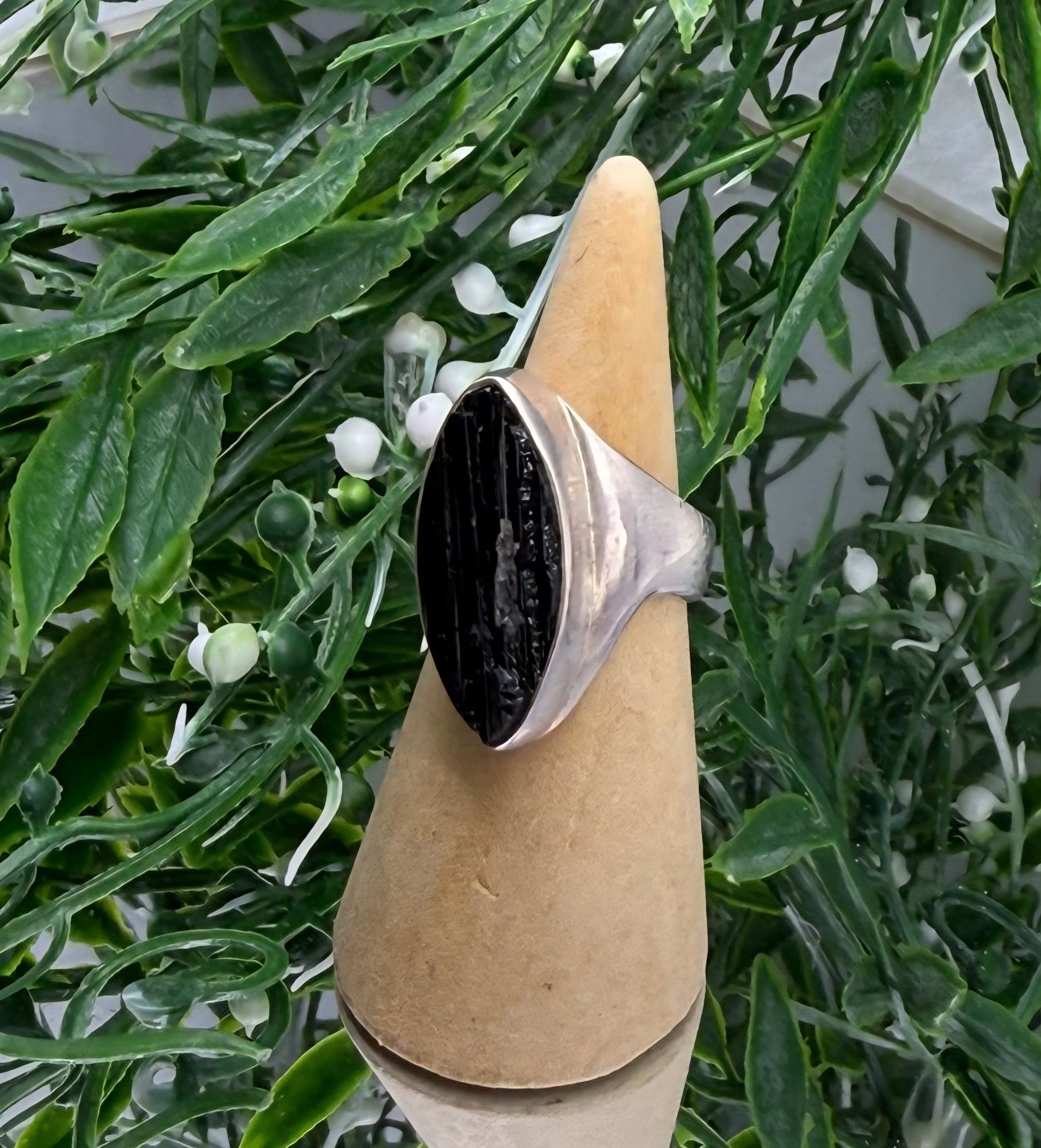 Black Tourmaline Raw Statement Ring (Stone of Protection & Grounding) – Solid 925 Sterling Silver – Size 6 Crystal Wellness