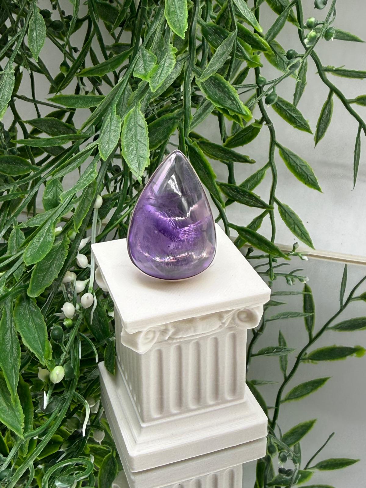 Premium Amethyst Teardrop 925 Sterling Silver Ring Size 5.5 — Protection, Intuition & Inner Peace Crystal Wellness