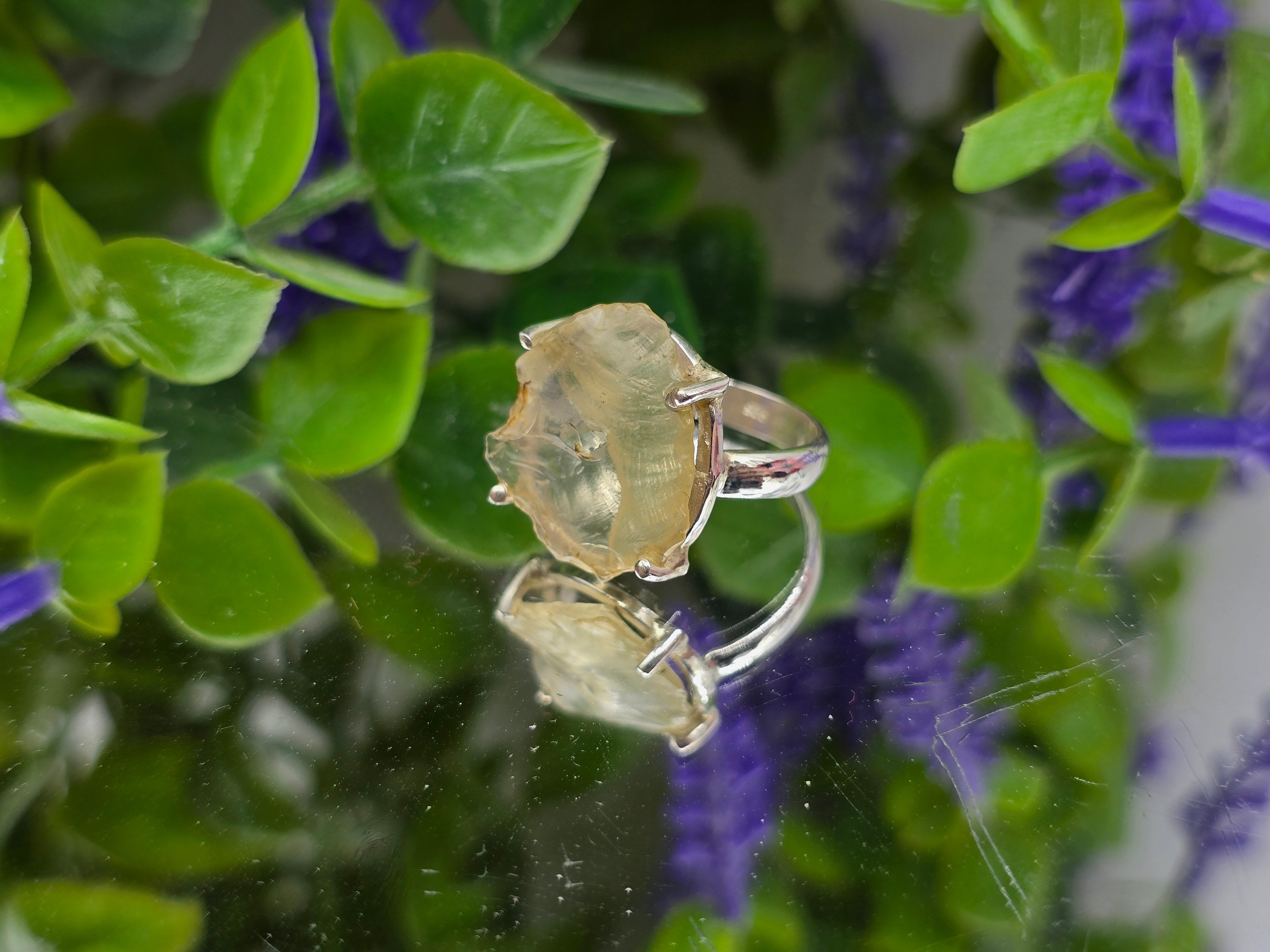 Libyan Desert Glass Raw Crystal Ring in 925 Sterling Silver – Cosmic Transformation & Solar Power Ring – Size 7 Crystal Wellness