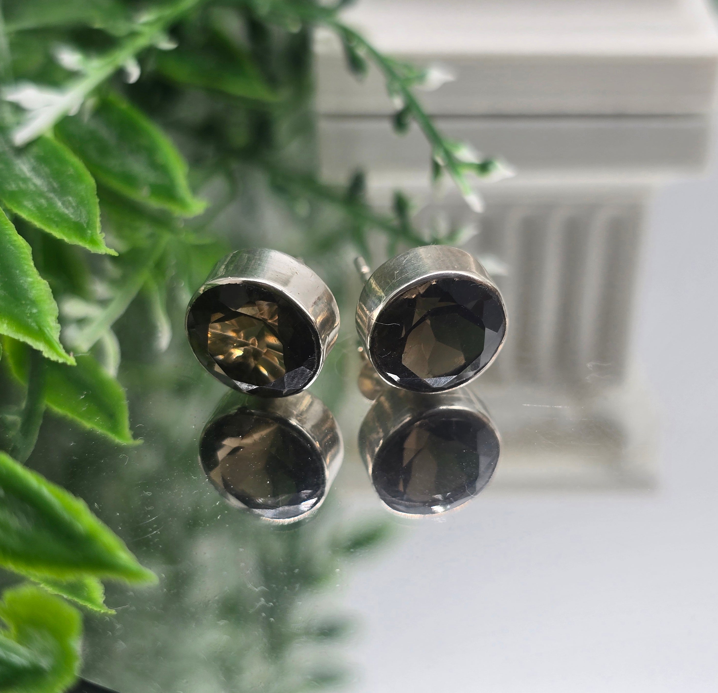 Smokey Quartz 11x11mm Round 925 Sterling Silver Studs Crystal Wellness
