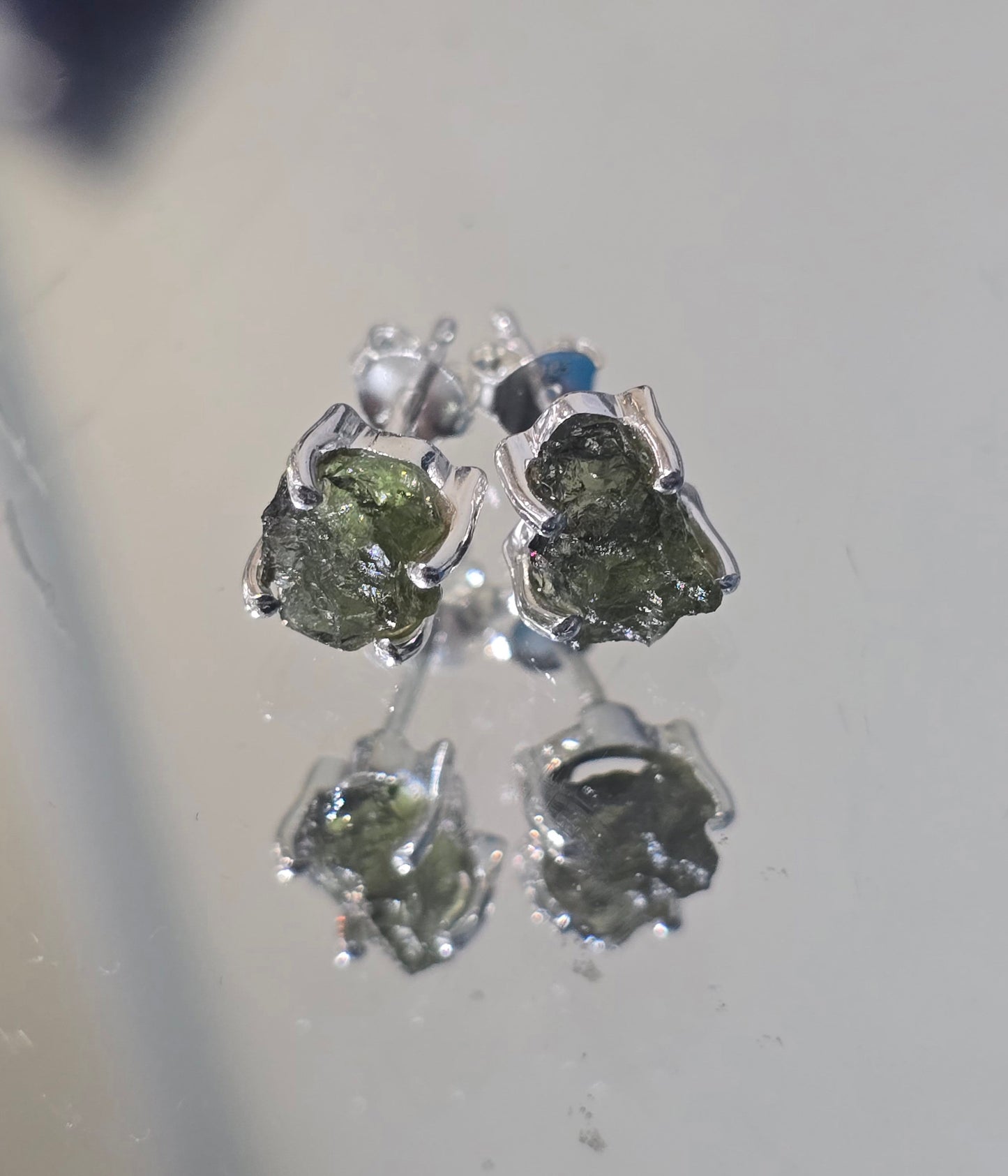 Authentic Moldavite Raw Stud Earrings — 925 Sterling Silver Crystal Wellness