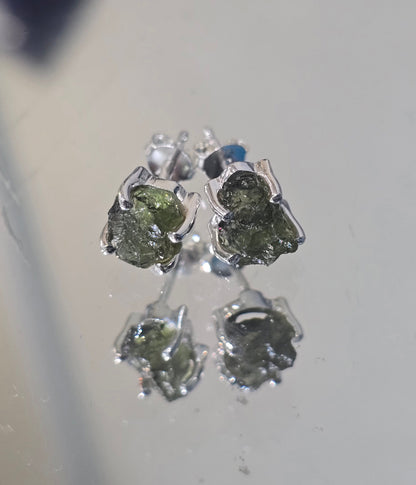 Authentic Moldavite Raw Stud Earrings — 925 Sterling Silver Crystal Wellness
