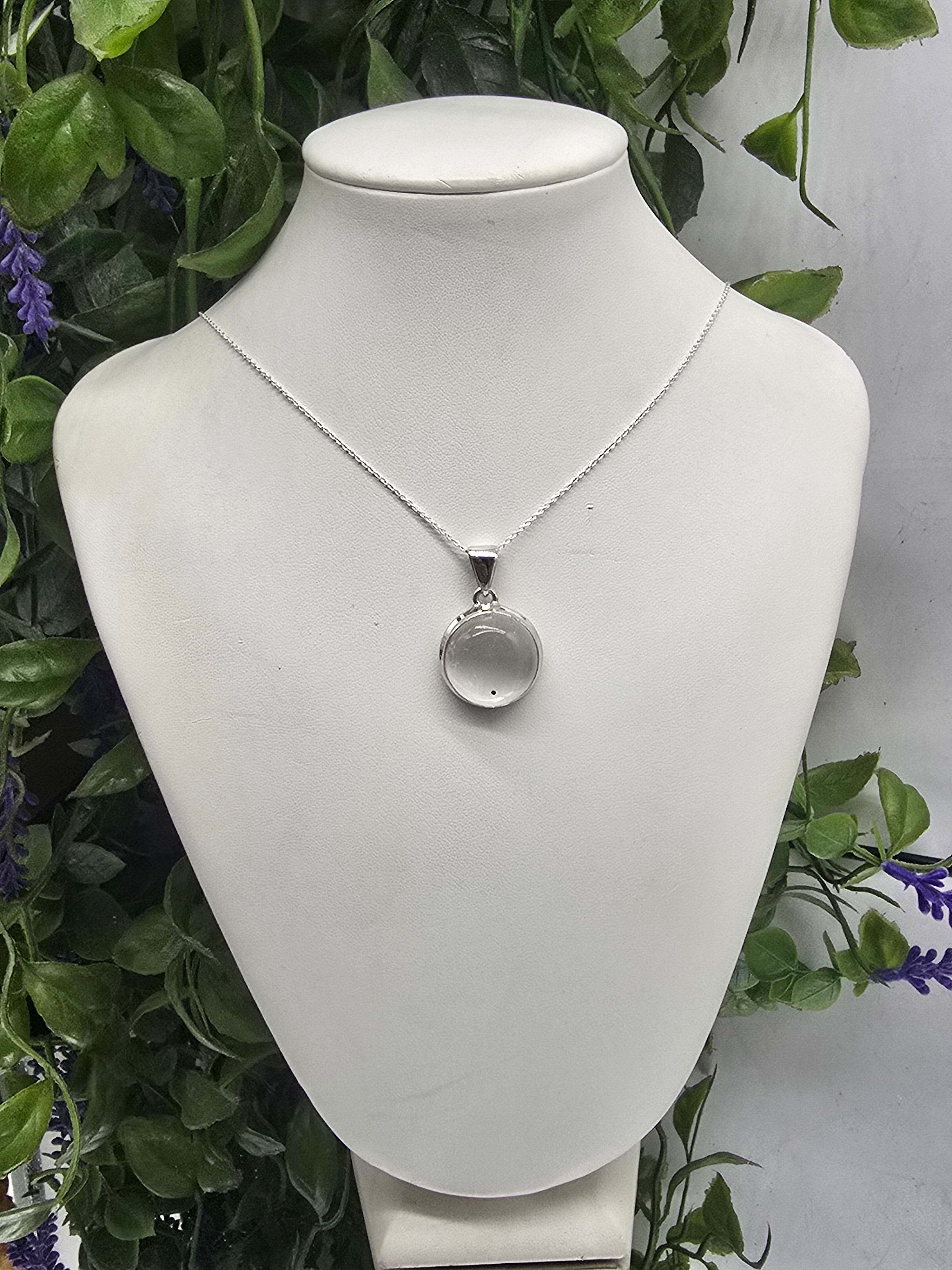 Selenite Round 925 Silver Pendant - Chain Included (Stone of Divine Light & Celestial Purification) Crystal Wellness