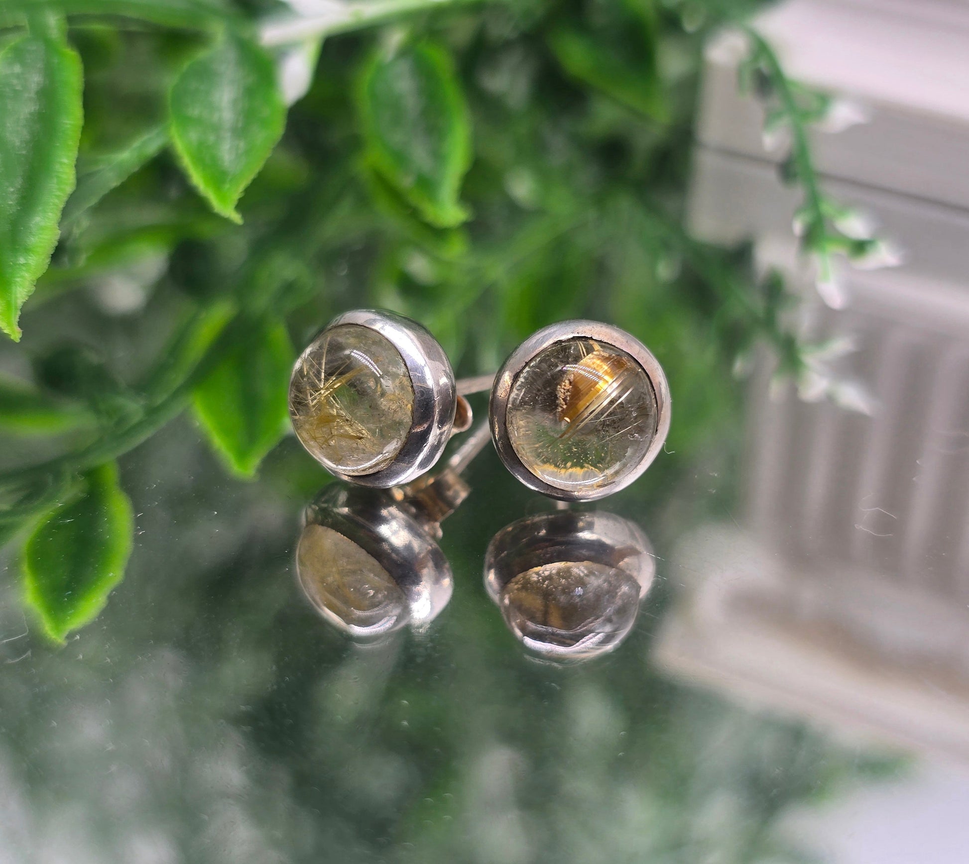 Golden Rutilated Quartz Round 9x9mm 925 Sterling Silver Studs (Stone of Manifestation) Crystal Wellness