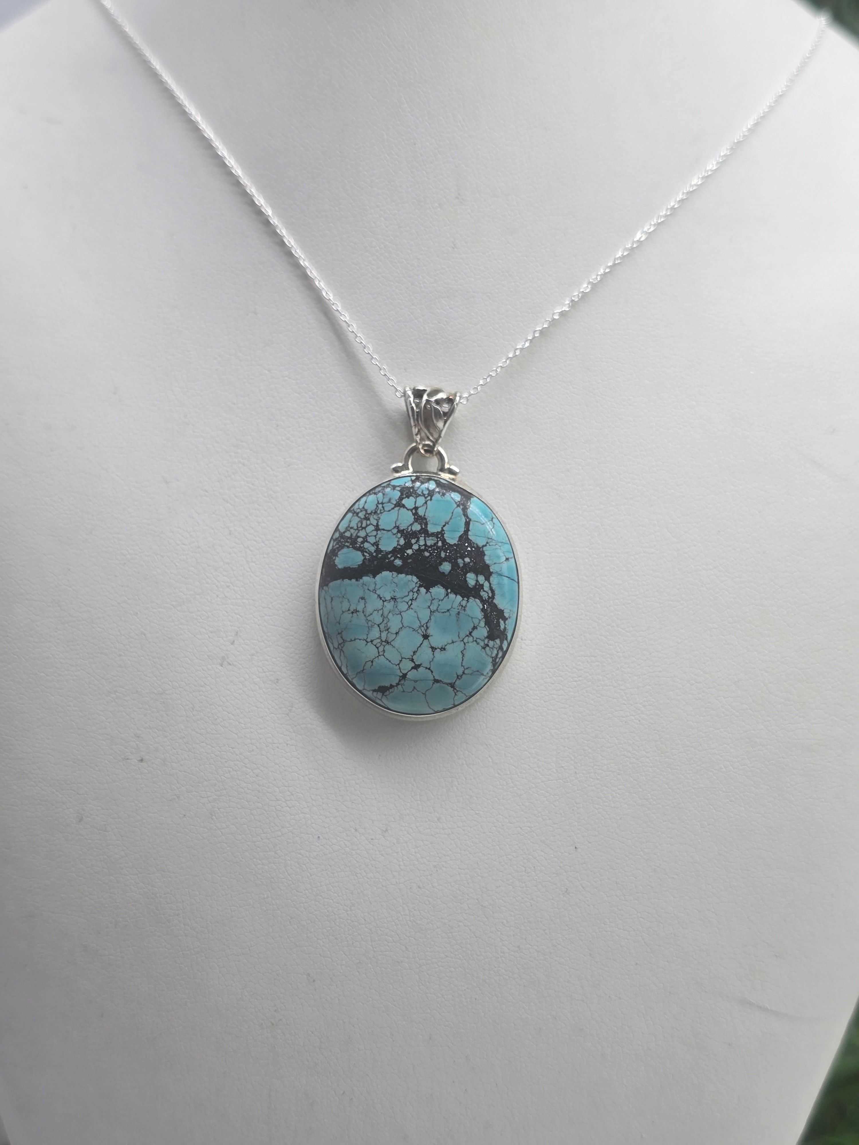 Genuine Sky-Thread Turquoise Pendant — Oval Spiderweb Matrix, 925 Sterling Silver Chain Included Crystal Wellness