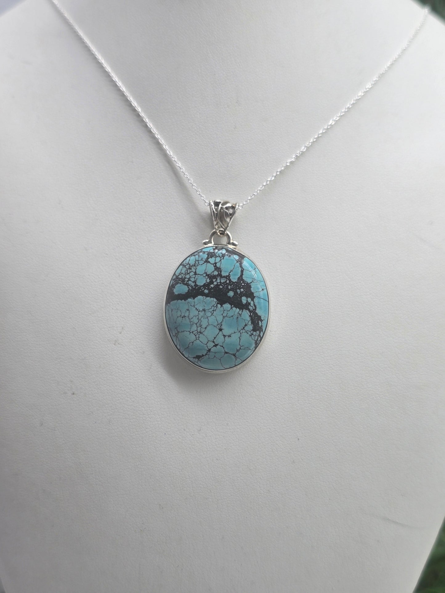 Genuine Sky-Thread Turquoise Pendant — Oval Spiderweb Matrix, 925 Sterling Silver Chain Included Crystal Wellness