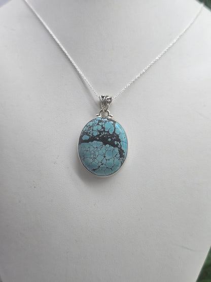 Genuine Sky-Thread Turquoise Pendant — Oval Spiderweb Matrix, 925 Sterling Silver Chain Included Crystal Wellness