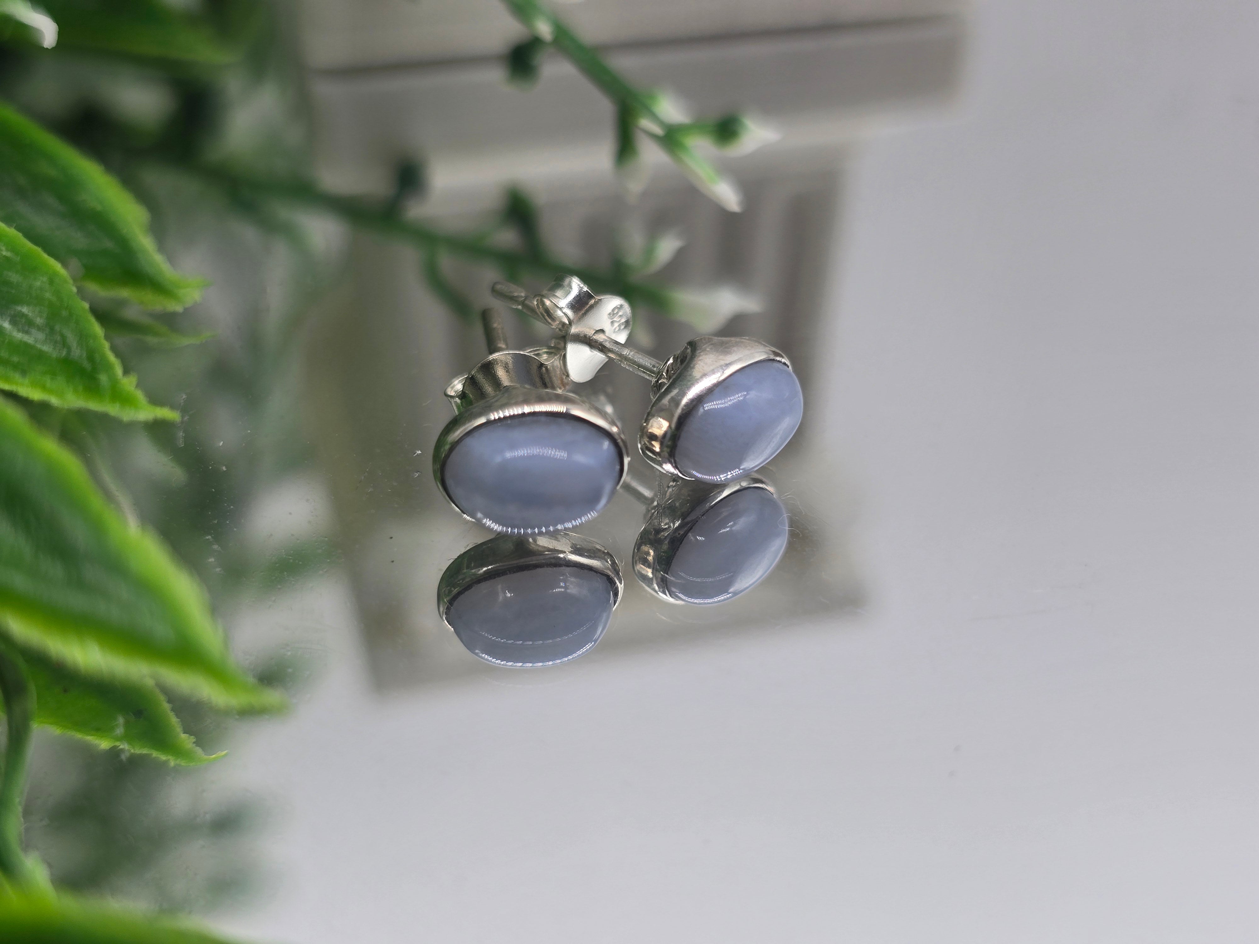 Blue Lace Agate 925 Sterling Silver Studs – 8x5mm Oval Cut Crystal Wellness