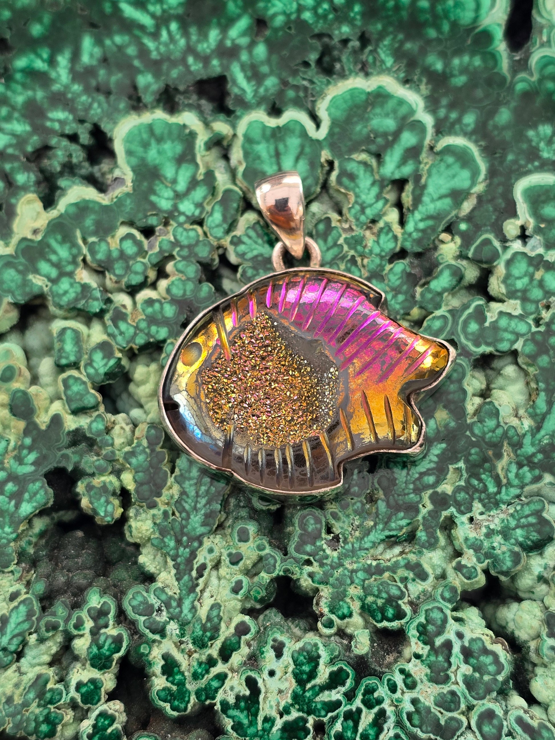 Titanium Aura Druzy Fish 92.5 Silver Pendant – Stone of Joy, Transformation & Positive Energy Crystal Wellness