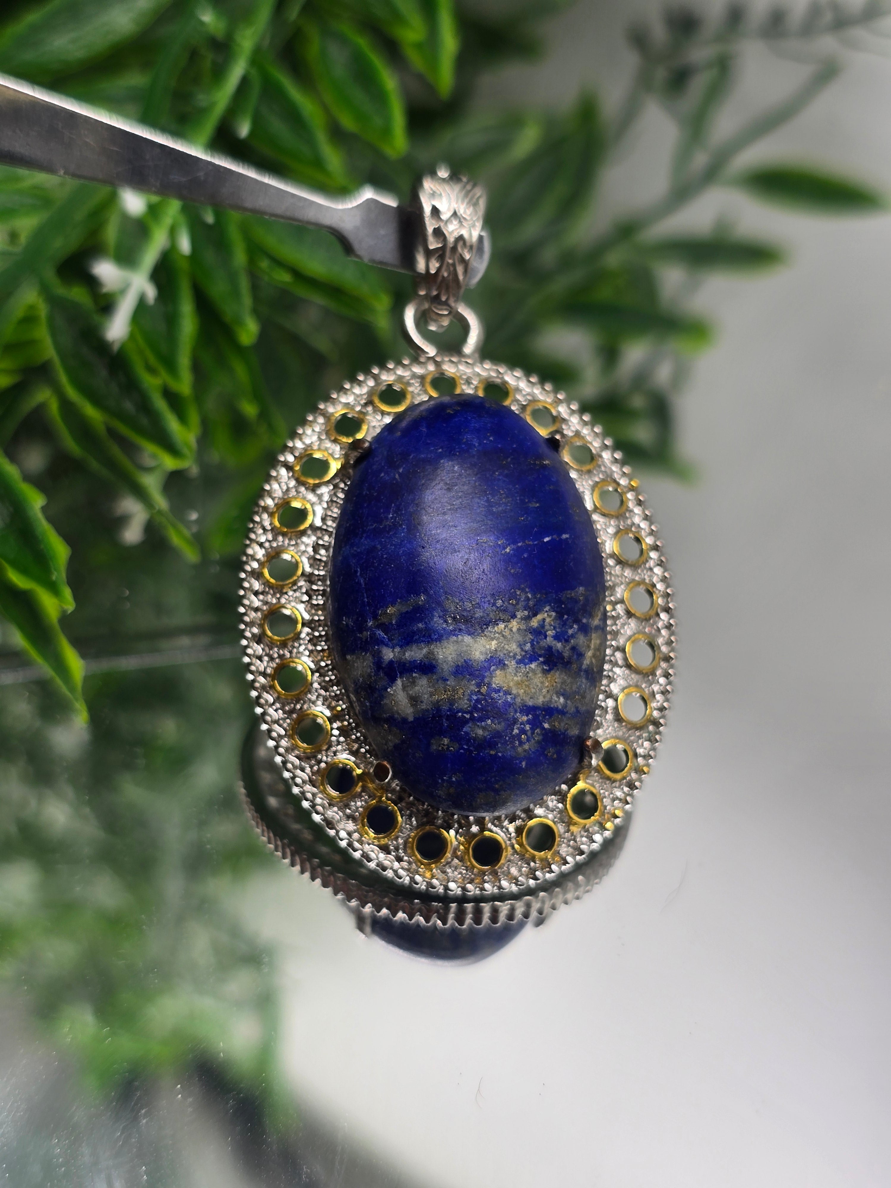 Lapis Lazuli Halo Pendant in Silver Plated 50x40mm (Stone of Wisdom & Truth) Crystal Wellness