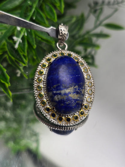 Lapis Lazuli Halo Pendant in Silver Plated 50x40mm (Stone of Wisdom & Truth) Crystal Wellness