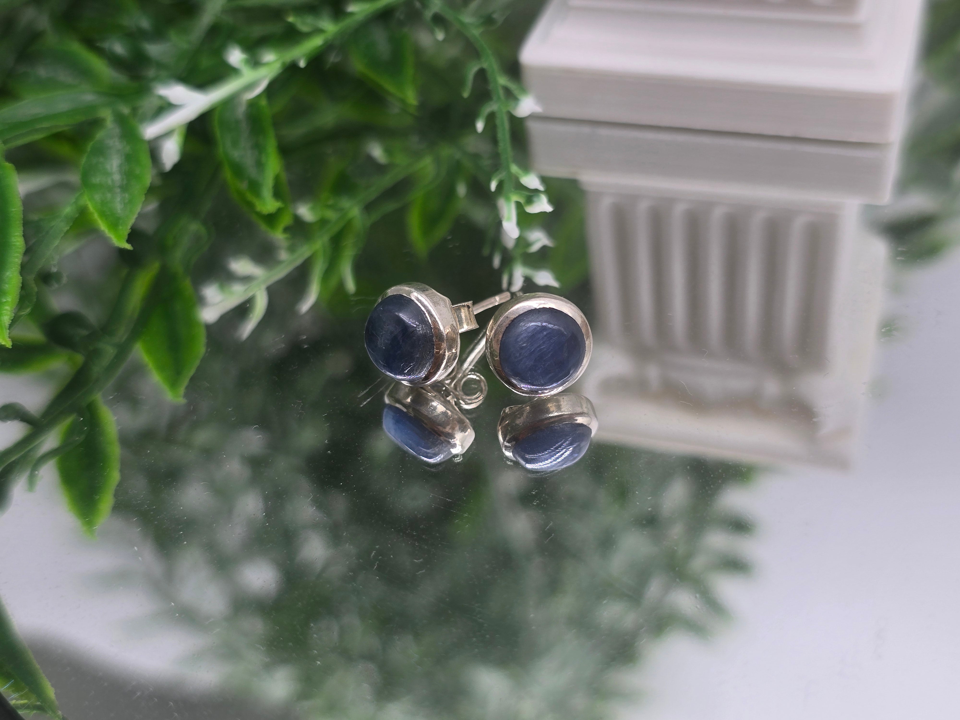 Blue Kyanite Round 925 Sterling Silver Stud Earrings – Alignment • Clarity • High Vibrational Calm (8mm) Crystal Wellness