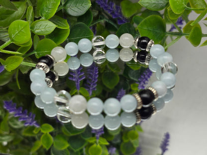Aquamarine, Black Tourmaline, Clear Quartz & Moonstone Bracelet – 8mm | Calm, Protection, Clarity and yintuitive Energy Crystal Wellness
