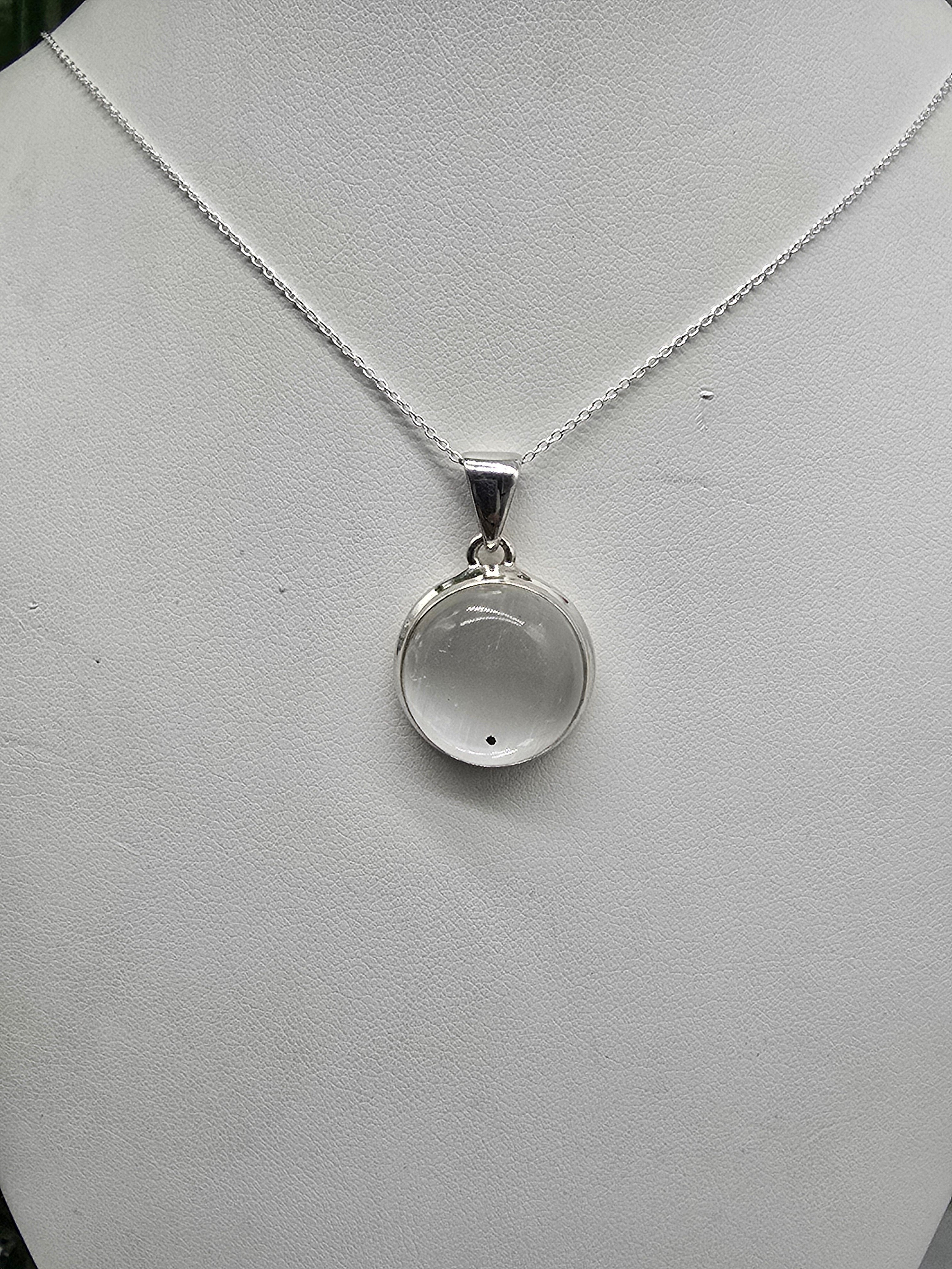 Selenite Round 925 Silver Pendant - Chain Included (Stone of Divine Light & Celestial Purification) Crystal Wellness