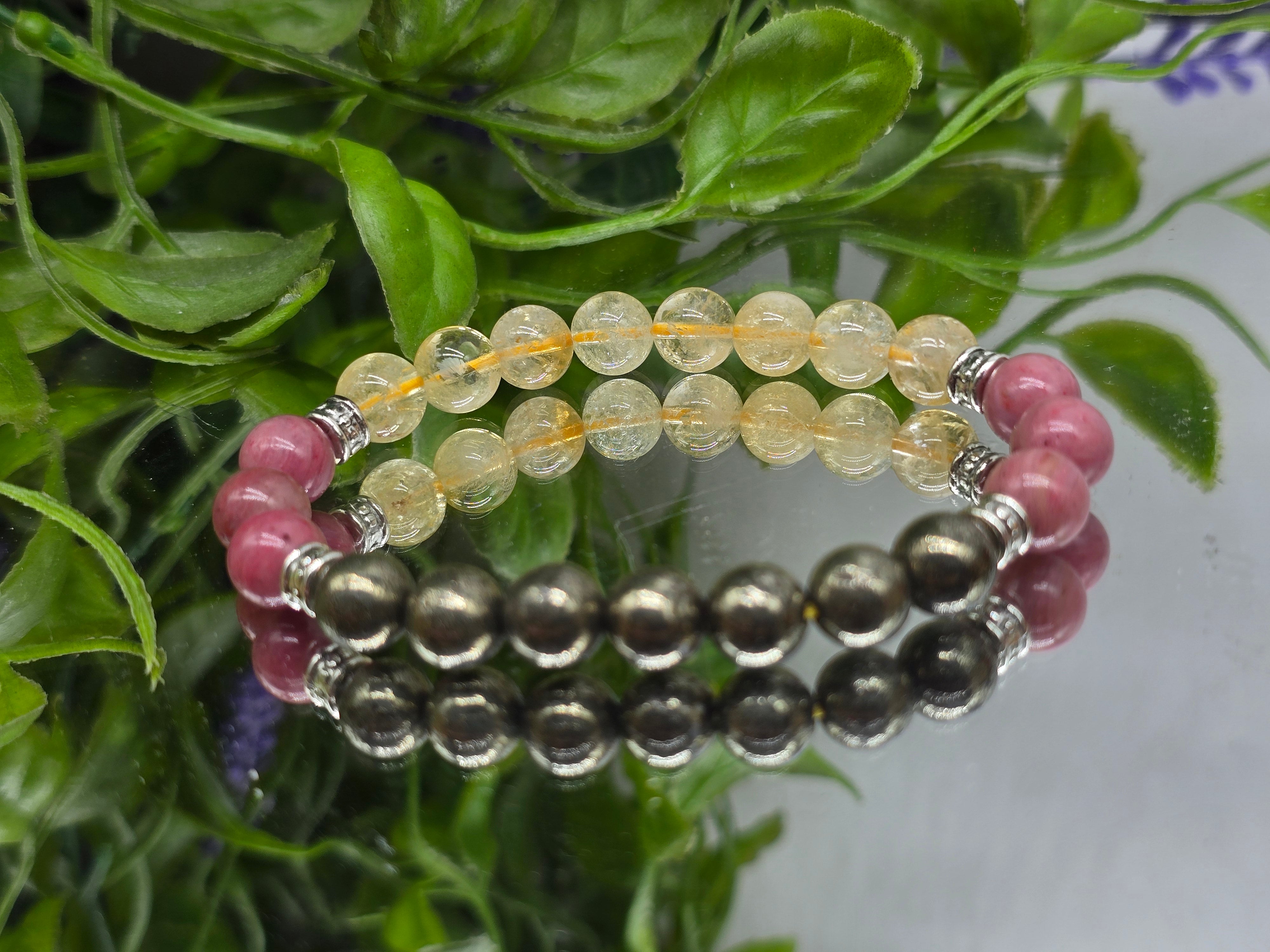 Pyrite, Rhodonite & Citrine 8mm Beads Bracelet (Stone of Confident Abundance & Emotional Strength) Crystal Wellness