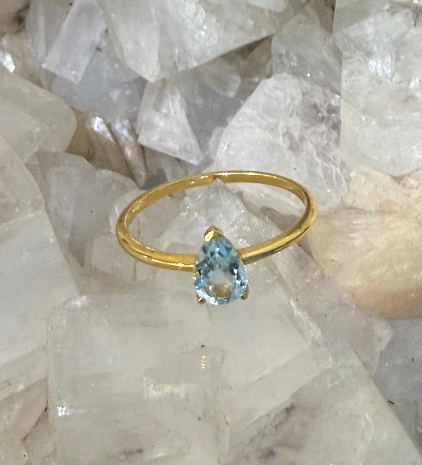 Blue Topaz Teardrop 18ct Gold Vermeil Ring Size 8 (Stone of Clarity & Peaceful Communication) Crystal Wellness
