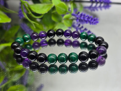Amethyst, Malachite & Black Tourmaline Bracelet – AAA Grade 8mm (Stone of Protection, Transformation & Spiritual Clarity) Crystal Wellness