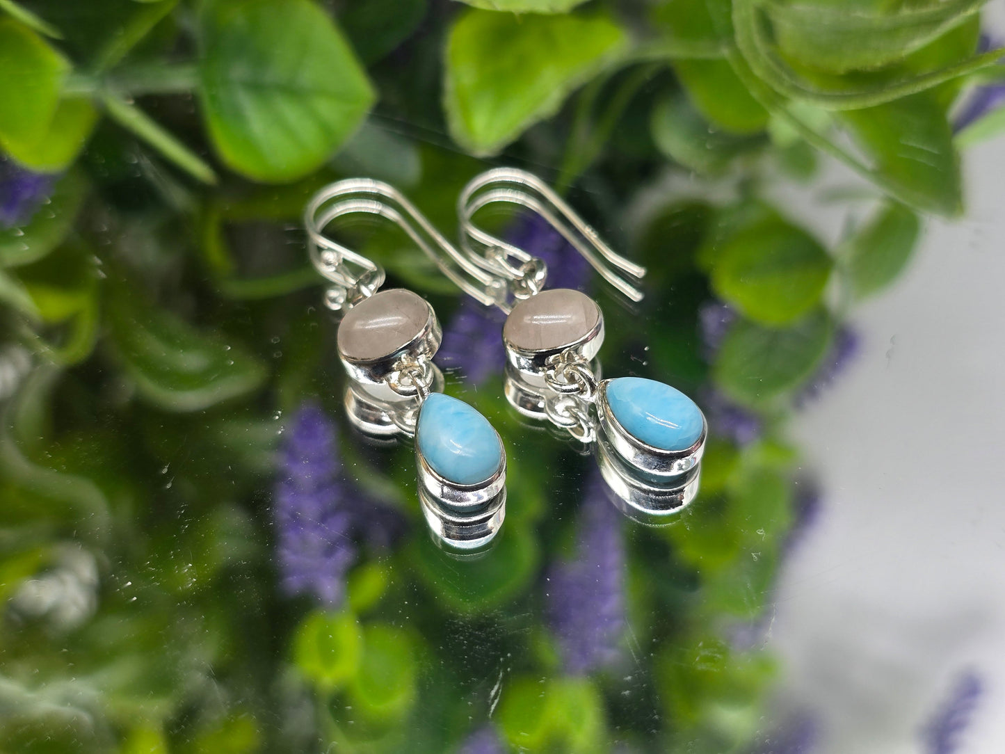 Premium Larimar & Rose Quartz 925 Sterling Silver Drop Earrings | Love, Emotional Healing & Inner Peace Crystal Wellness