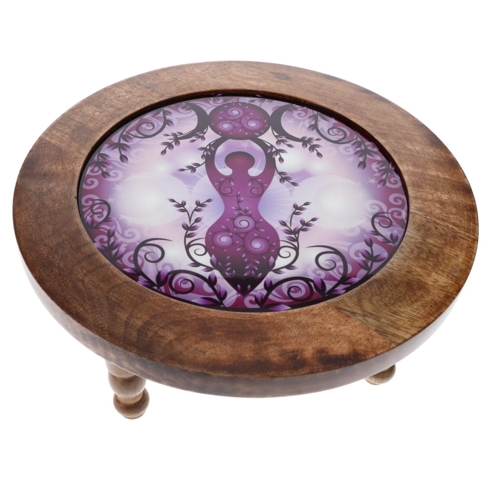 Moon Goddess Round Altar Table – Wooden with Glass Top Crystal Wellness