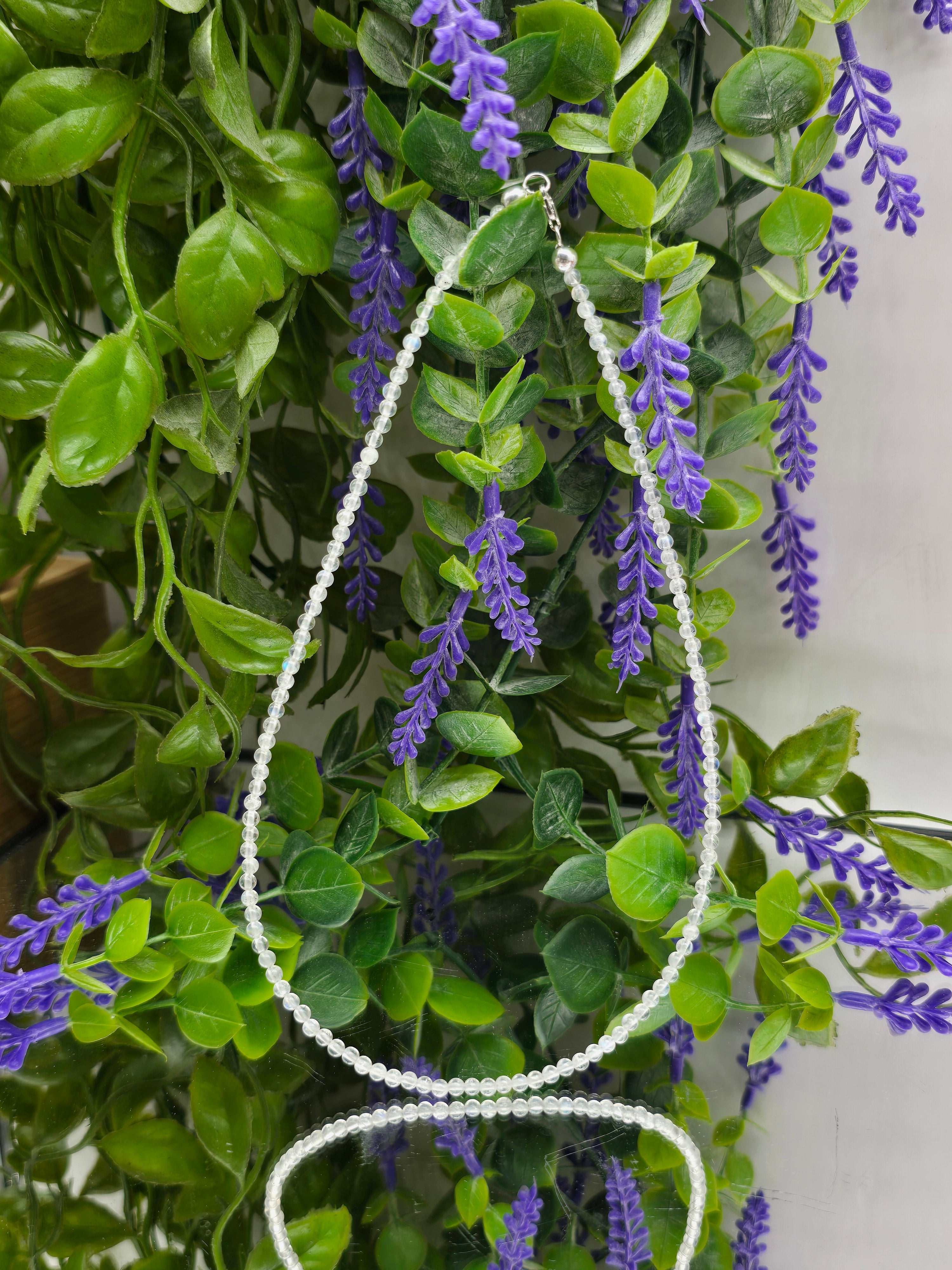 Natural Premium Grade Moonstone 3mm Beads 925 Sterling Silver Necklace Crystal Wellness