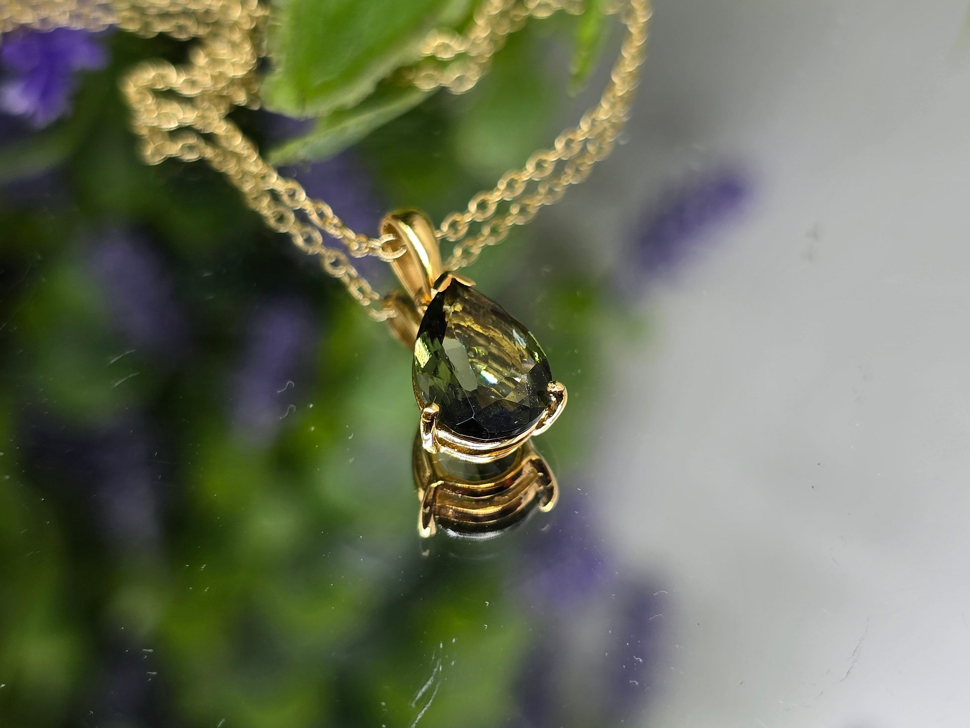 5ct Authentic Polished Moldavite Tear Drop 18ct Gold Vermeil Pendant 9x7mm 18ct Gold Vermeil Chain Included Crystal Wellness