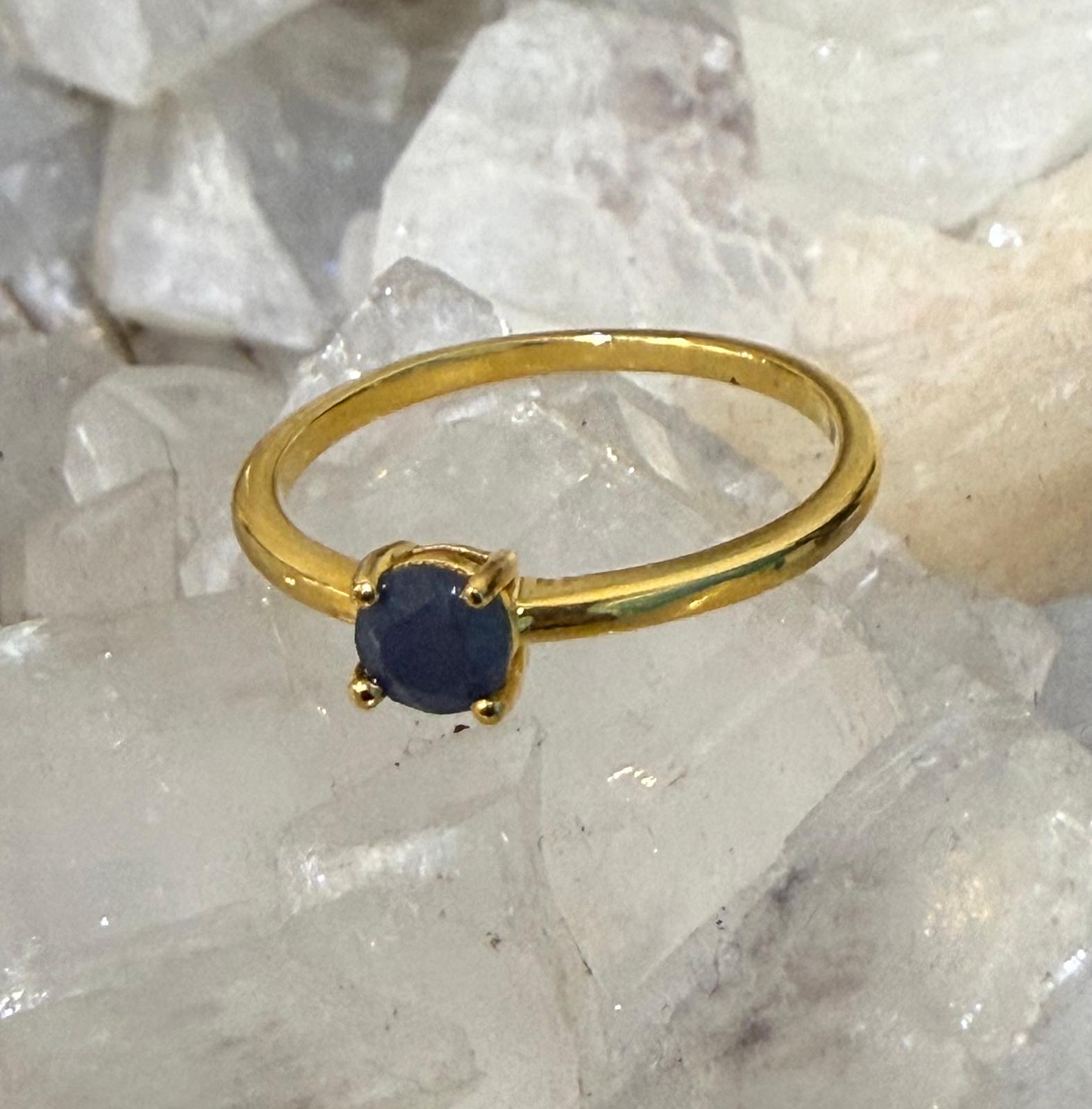 Blue Sapphire Round 18ct Gold Vermeil Ring Size 5 (Stone of Wisdom & Divine Protection) Crystal Wellness