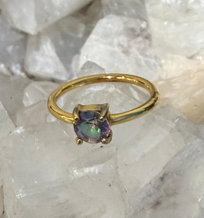 Mystic Topaz Round Solitaire Ring in 18ct Gold Vermeil – Size 3 (Transformation, Higher Vision, and Radiant Manifestation) Crystal Wellness