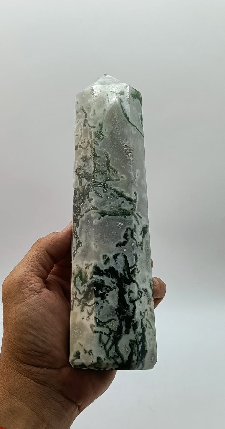 Moss Agate Obelisk 217mm x 65mm 1510g Crystal Wellness