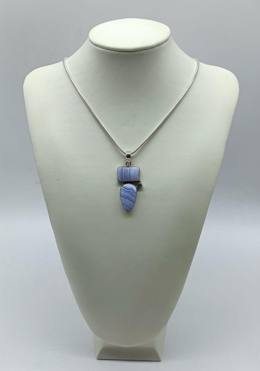 Blue Lace Agate with Blue Topaz 925 Sterling Silver Pendant