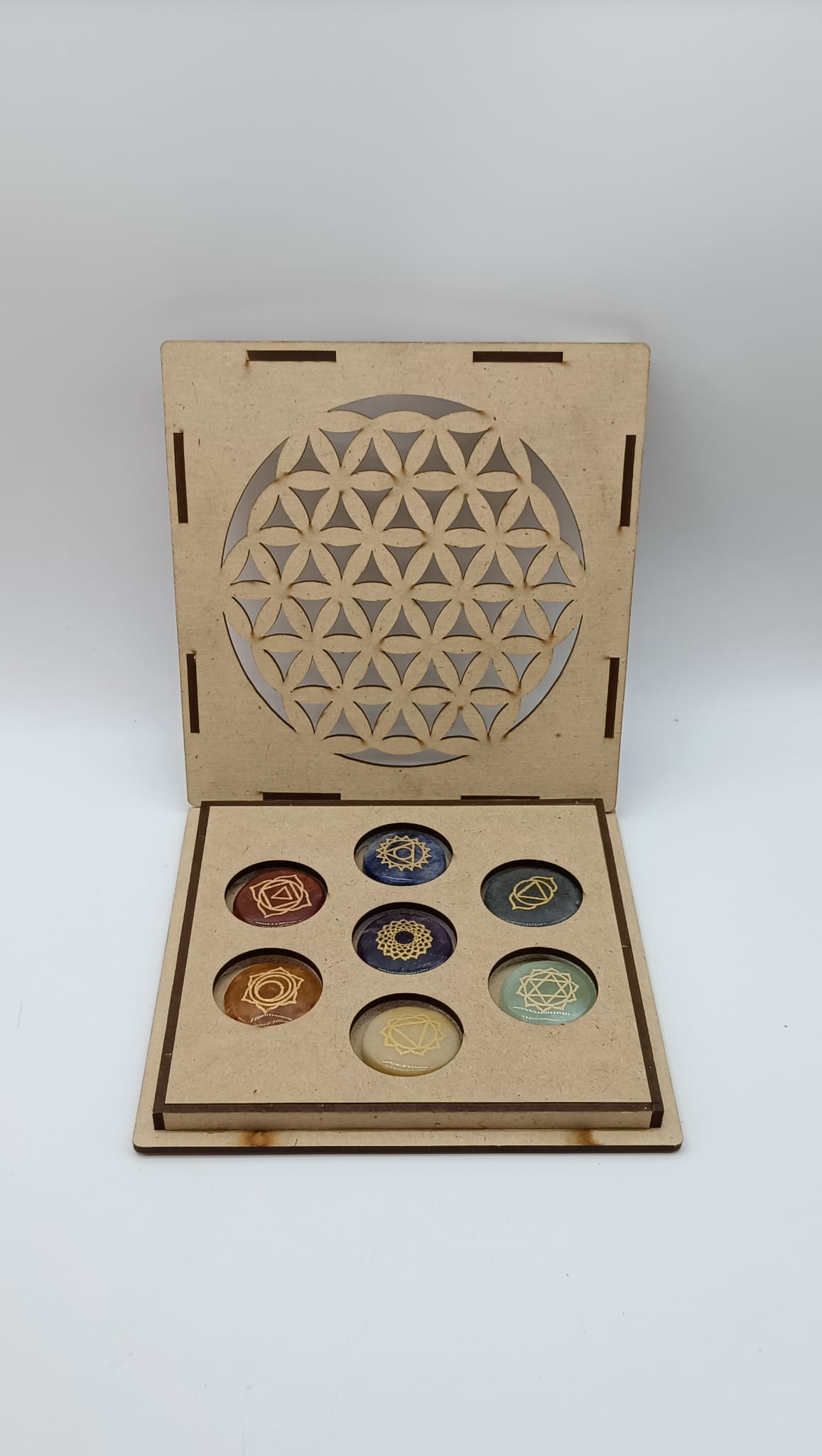 7 Chakra Crystal Set in Wooden Carving Flower of Life Grid