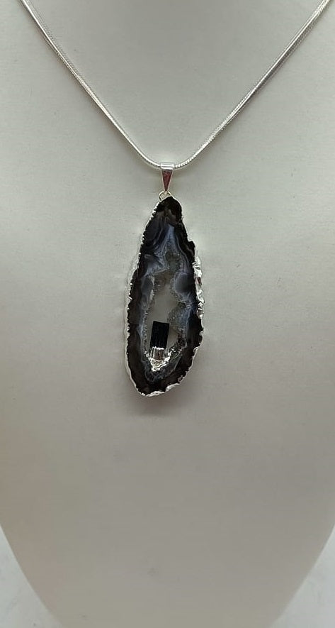 Agate with Black Tourmaline Silver Plated Pendant