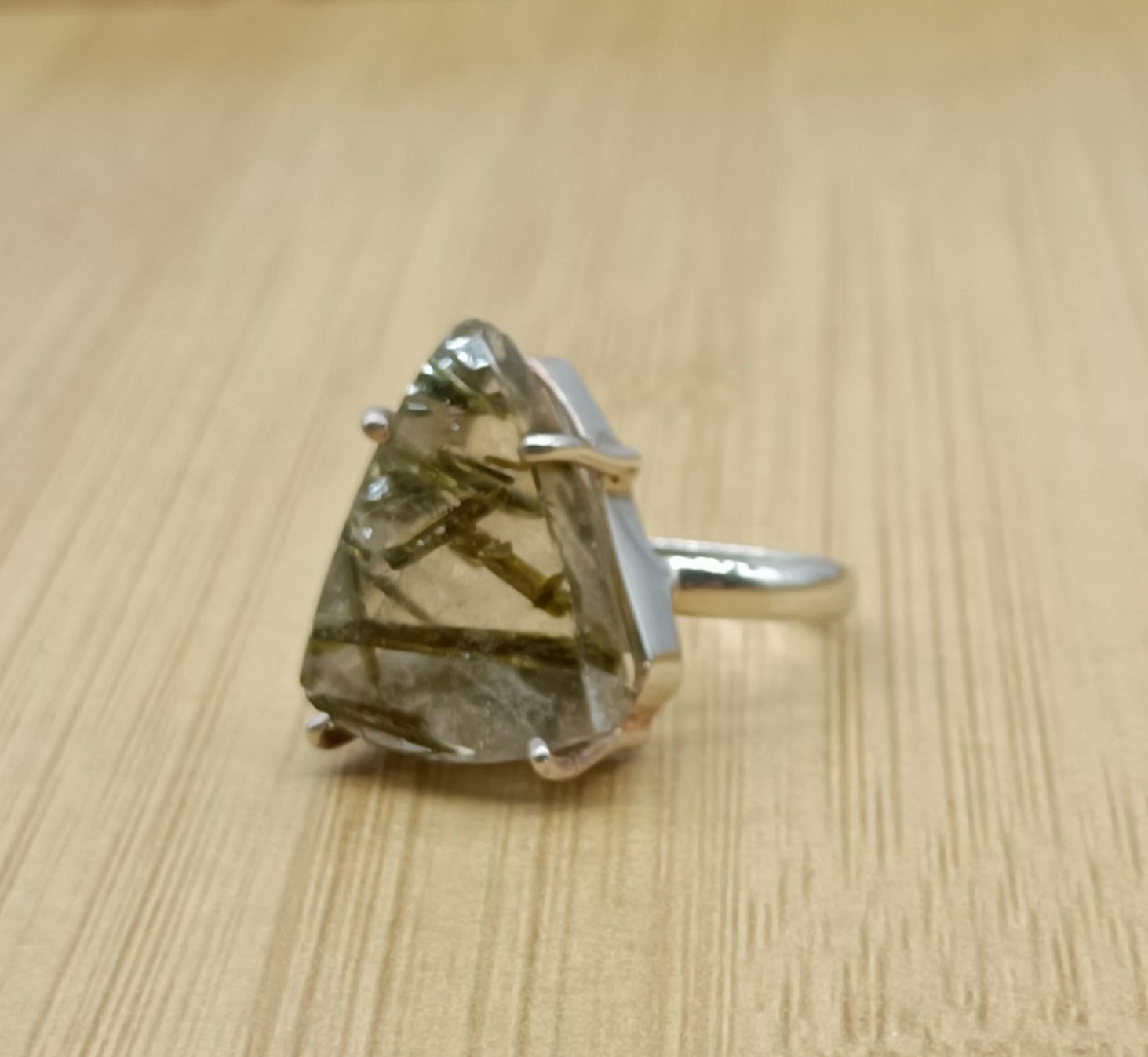 Epidote in Quartz 925 Sterling Silver Ring Size 8