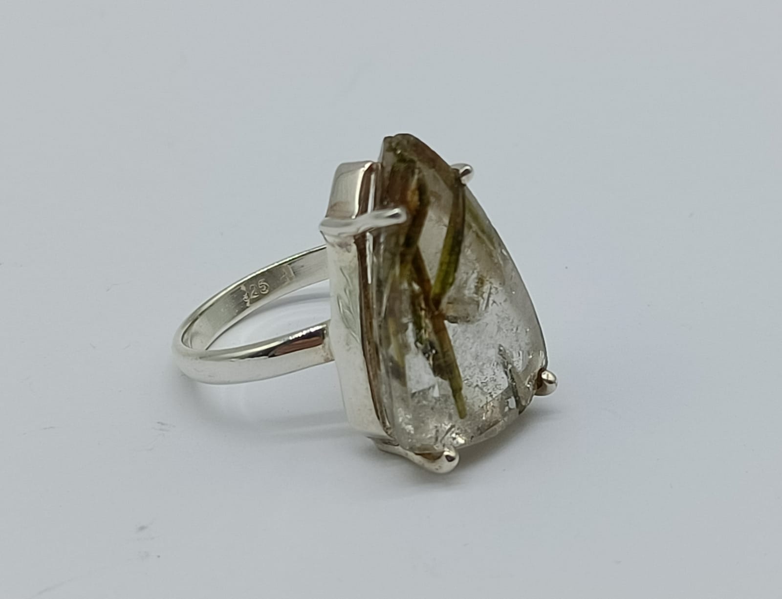 Epidote in Quartz 925 Sterling Silver Ring Size 8