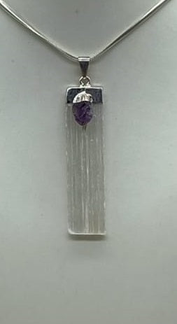 Selenite with Amethyst Silver Plated Pendant